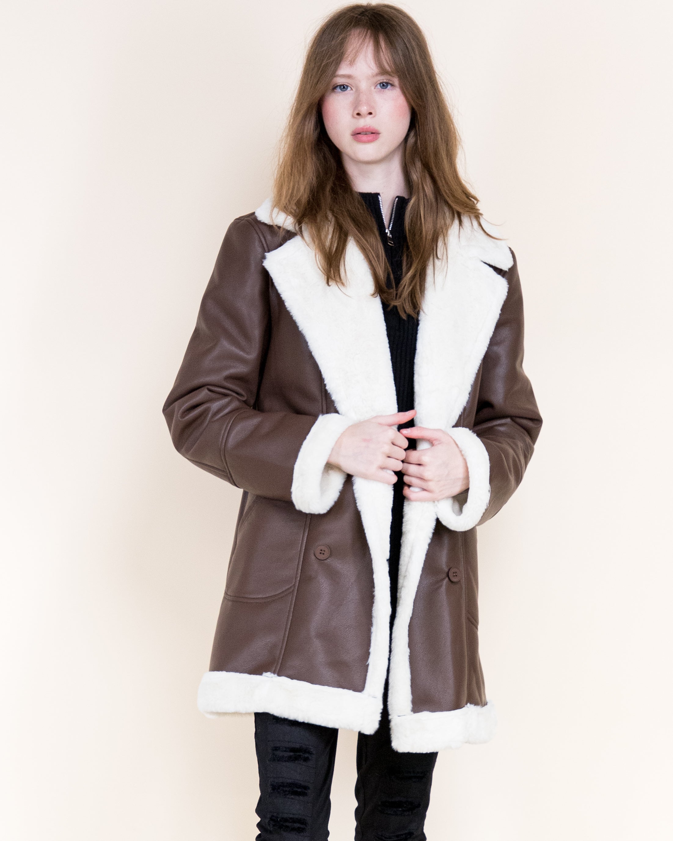 Aviatrice Double Breasted Shearling Vegan Leather Coat- BROWN (S/M, L/XL) (Pack of 6)