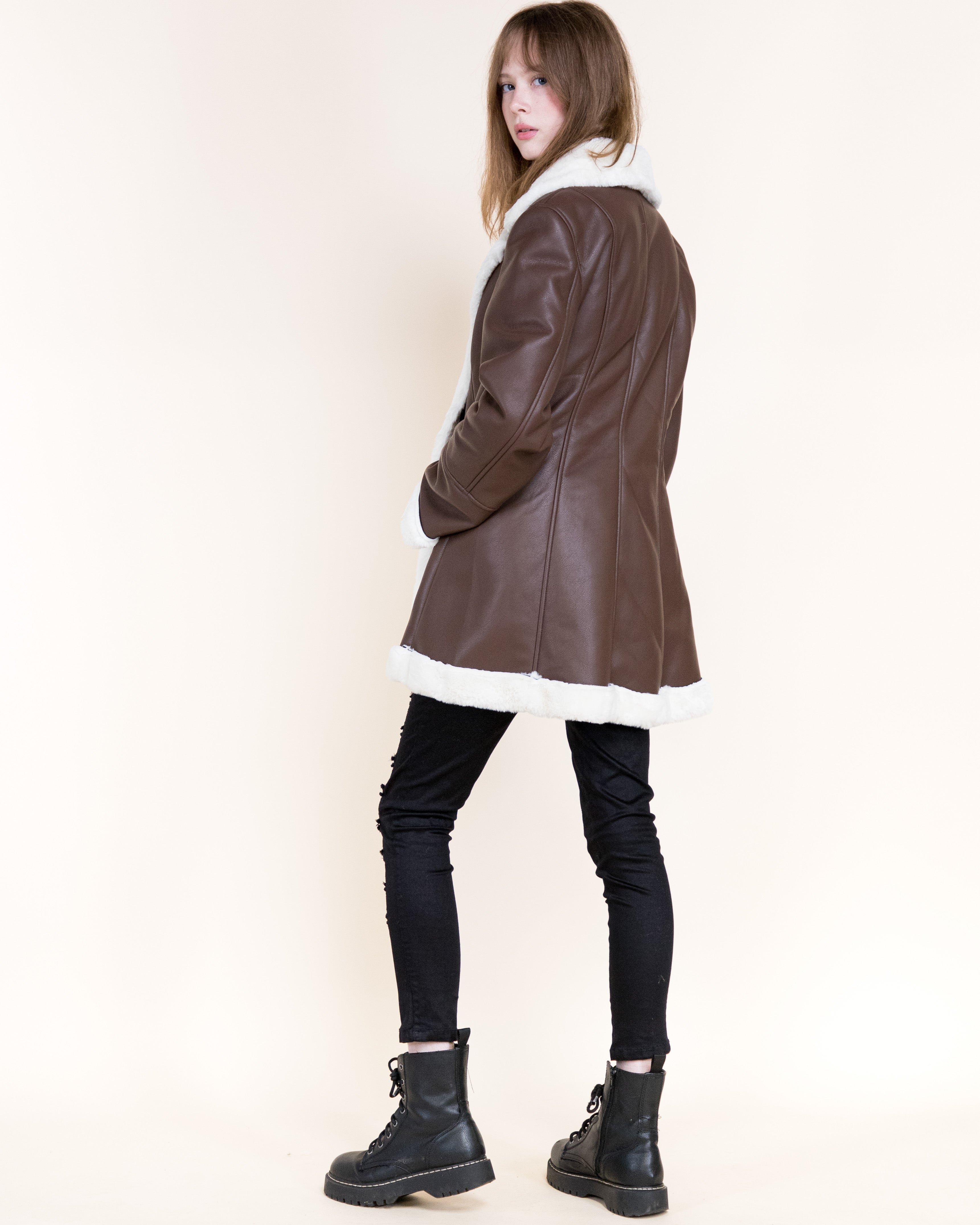 Aviatrice Double Breasted Shearling Vegan Leather Coat- BROWN (S/M, L/XL) (Pack of 6)