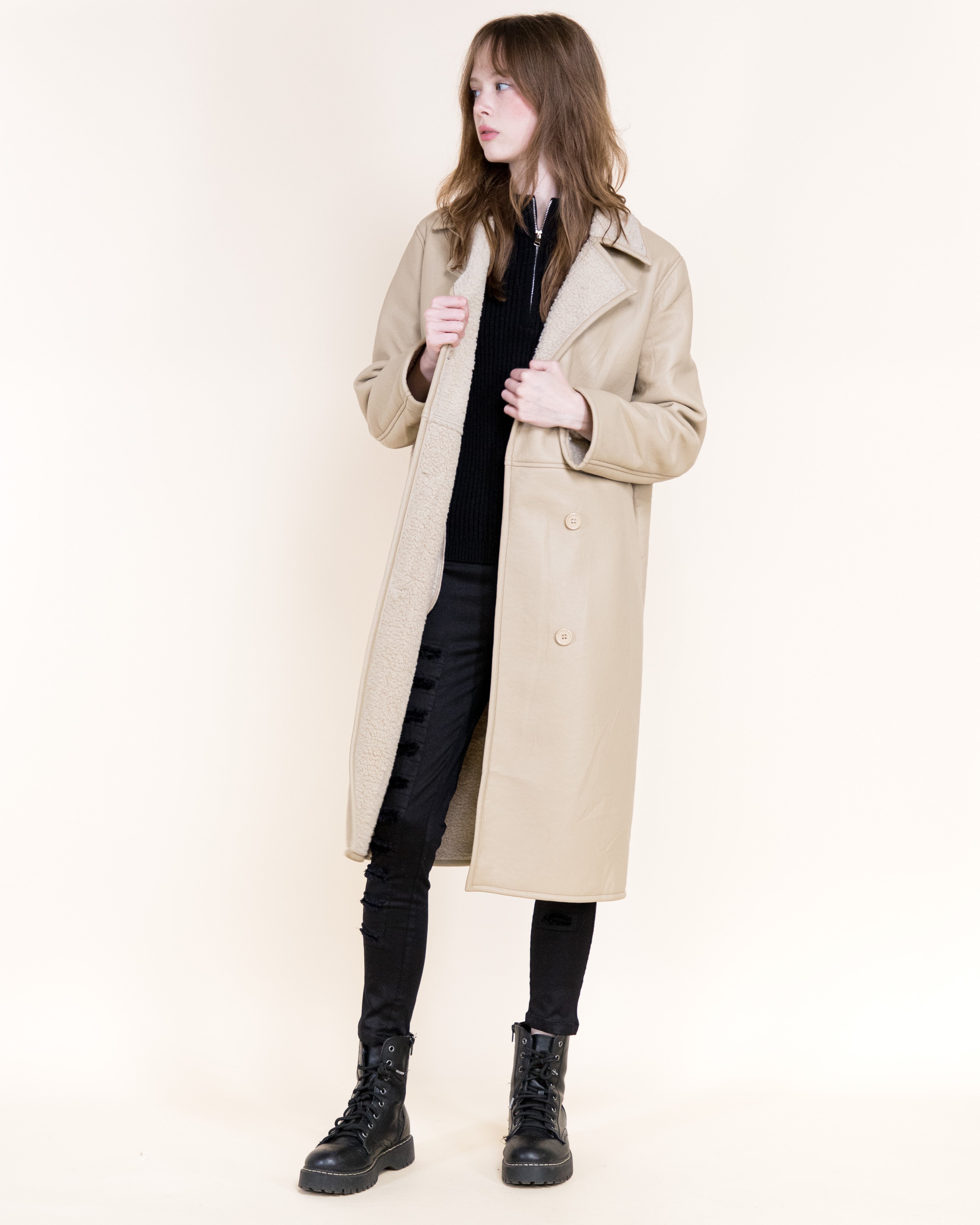 Aviatrice Double Breasted Shearling Vegan Leather Trench Coat- BROWN (S/M, L/XL) (Pack of 6)
