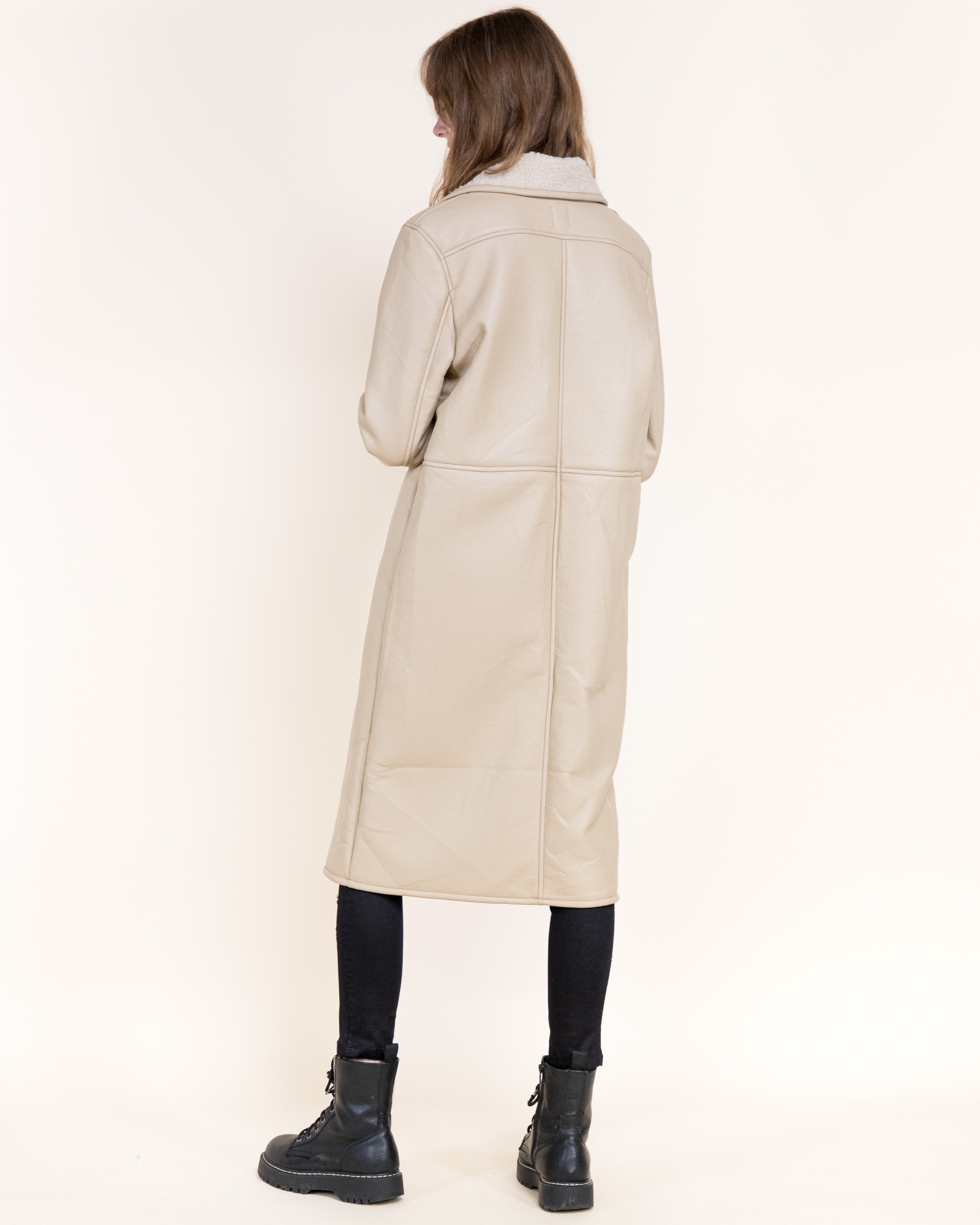 Aviatrice Double Breasted Shearling Vegan Leather Trench Coat- BROWN (S/M, L/XL) (Pack of 6)