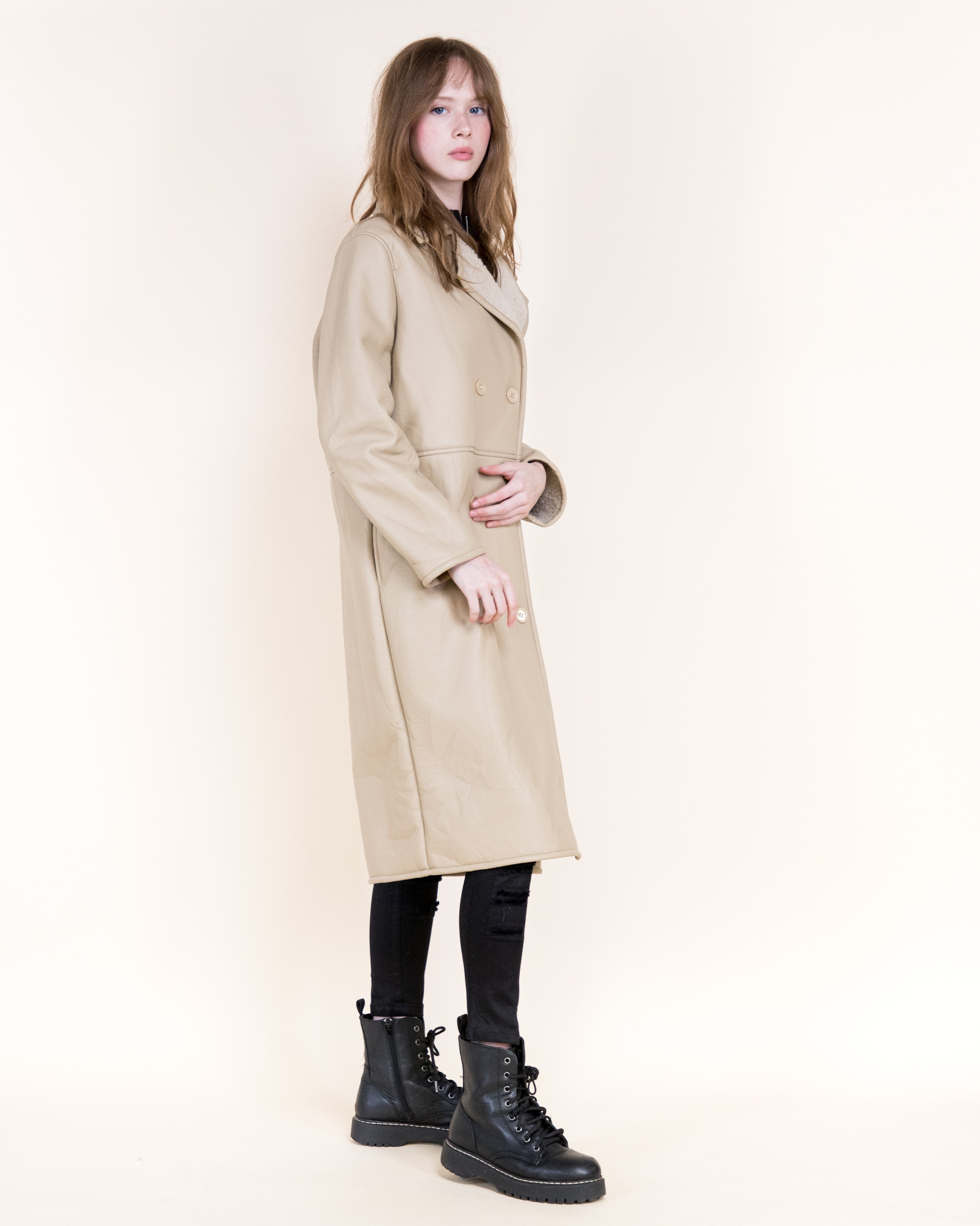 Aviatrice Double Breasted Shearling Vegan Leather Trench Coat- BROWN (S/M, L/XL) (Pack of 6)