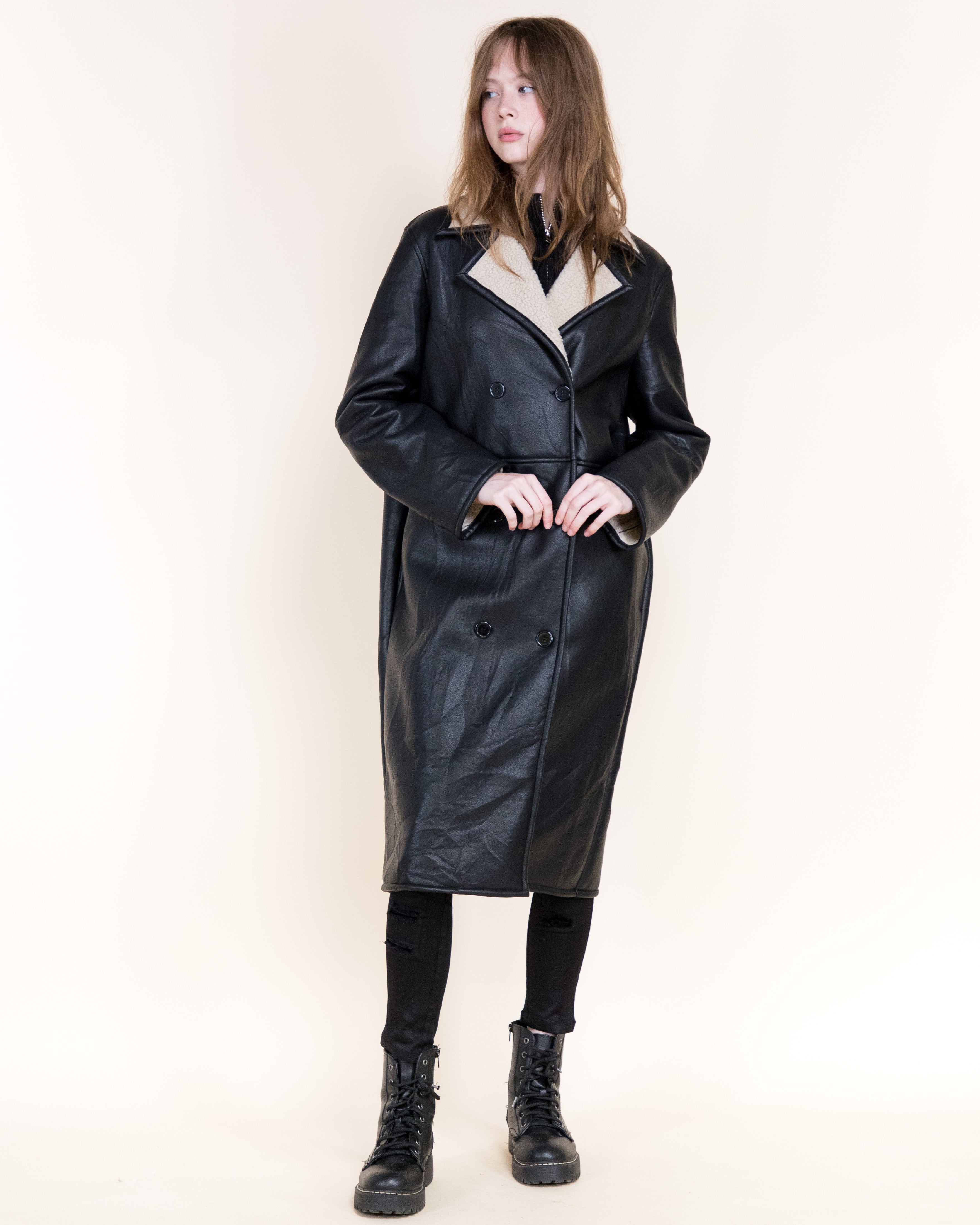 Aviatrice Double Breasted Shearling Vegan Leather Trench Coat- BROWN (S/M, L/XL) (Pack of 6)
