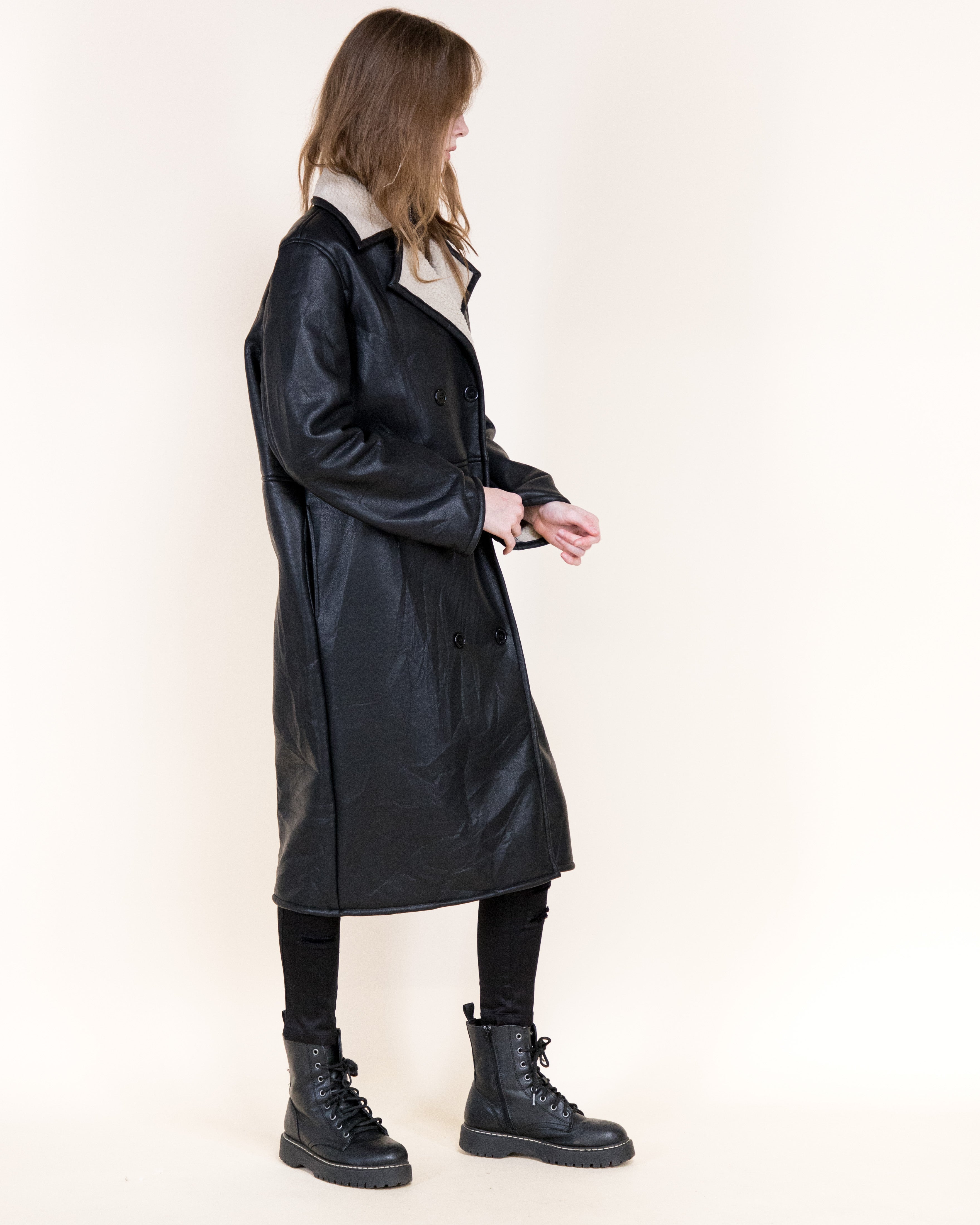 Aviatrice Double Breasted Shearling Vegan Leather Trench Coat- BROWN (S/M, L/XL) (Pack of 6)