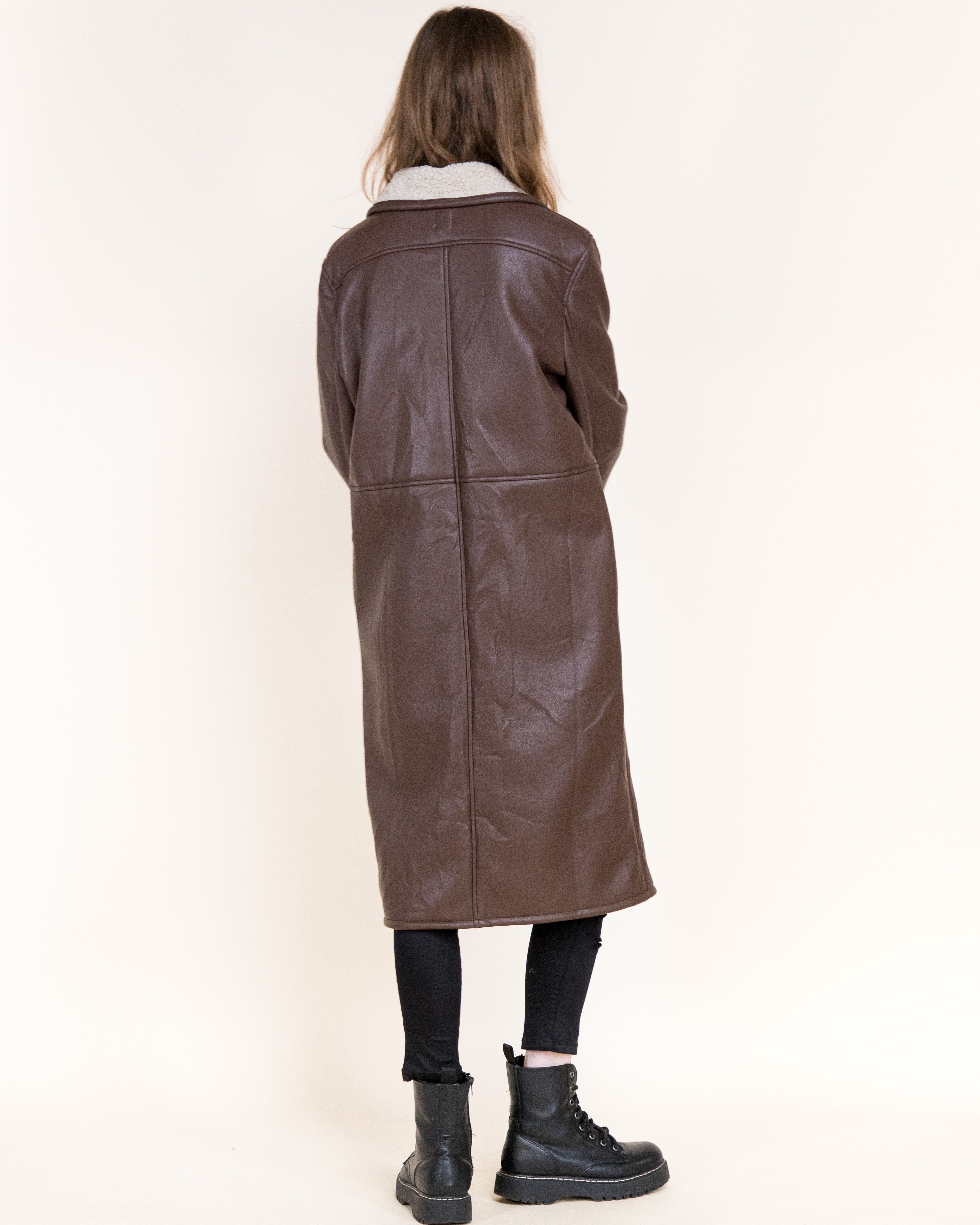 Aviatrice Double Breasted Shearling Vegan Leather Trench Coat- BROWN (S/M, L/XL) (Pack of 6)