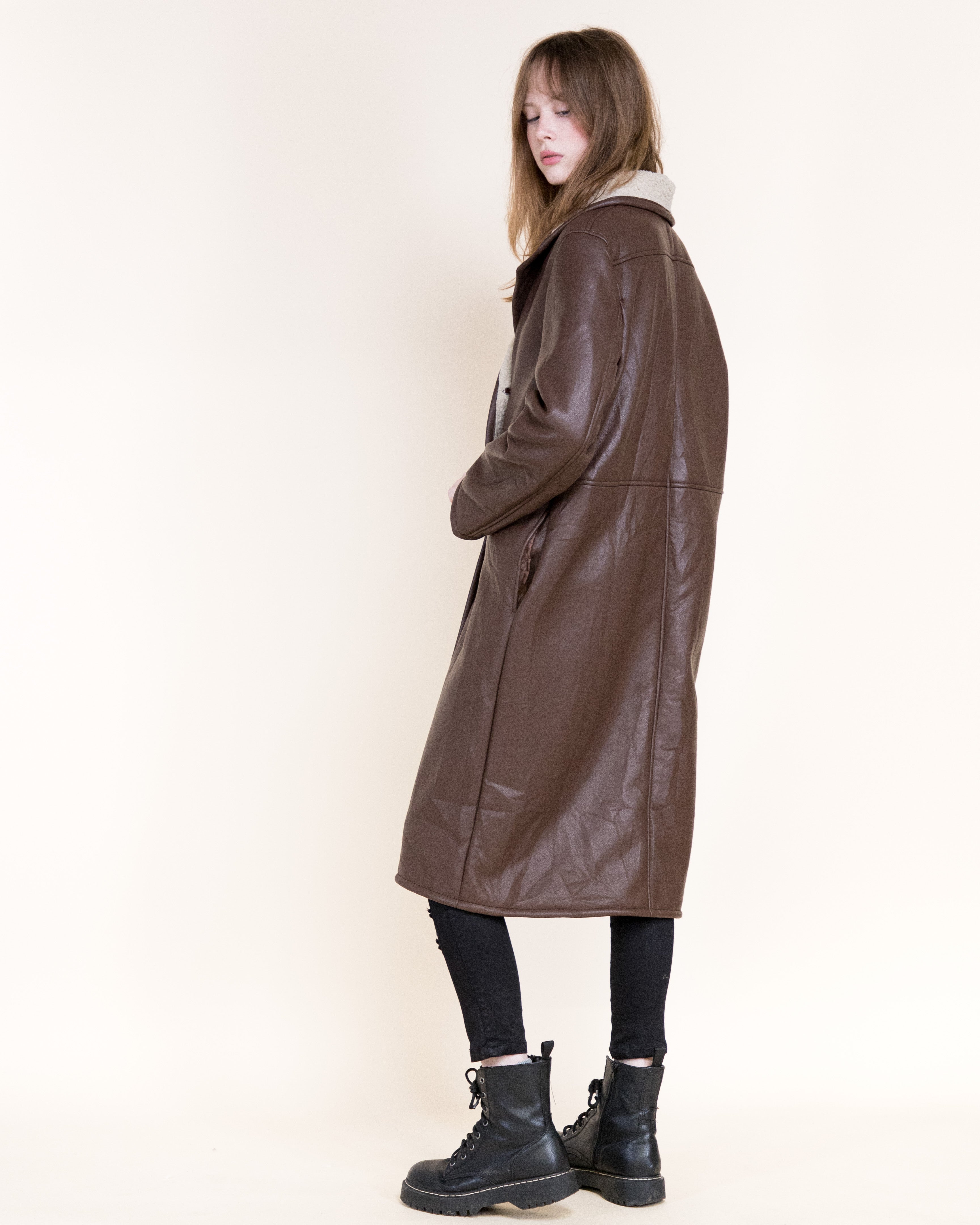 Aviatrice Double Breasted Shearling Vegan Leather Trench Coat- BROWN (S/M, L/XL) (Pack of 6)