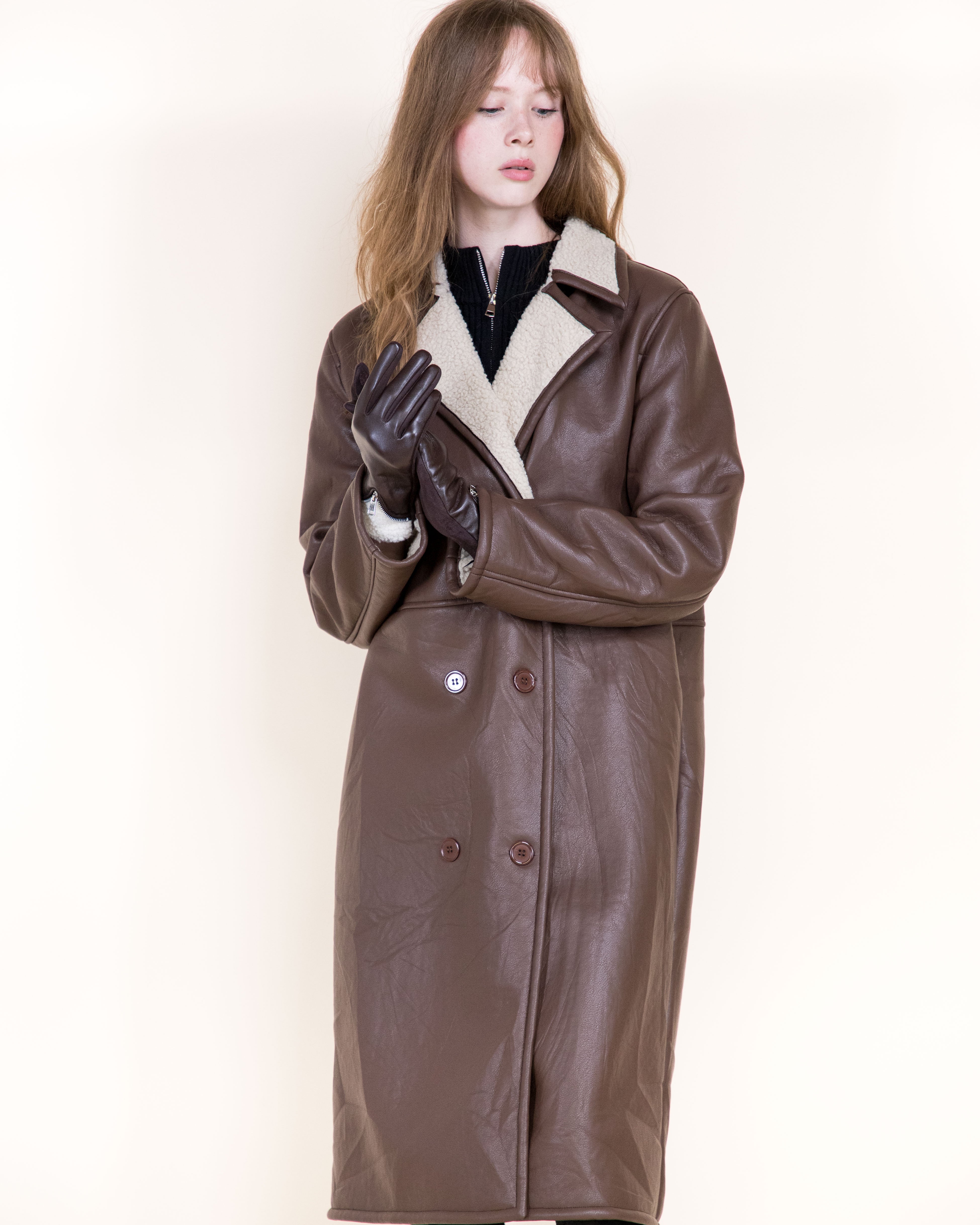 Aviatrice Double Breasted Shearling Vegan Leather Trench Coat- BROWN (S/M, L/XL) (Pack of 6)