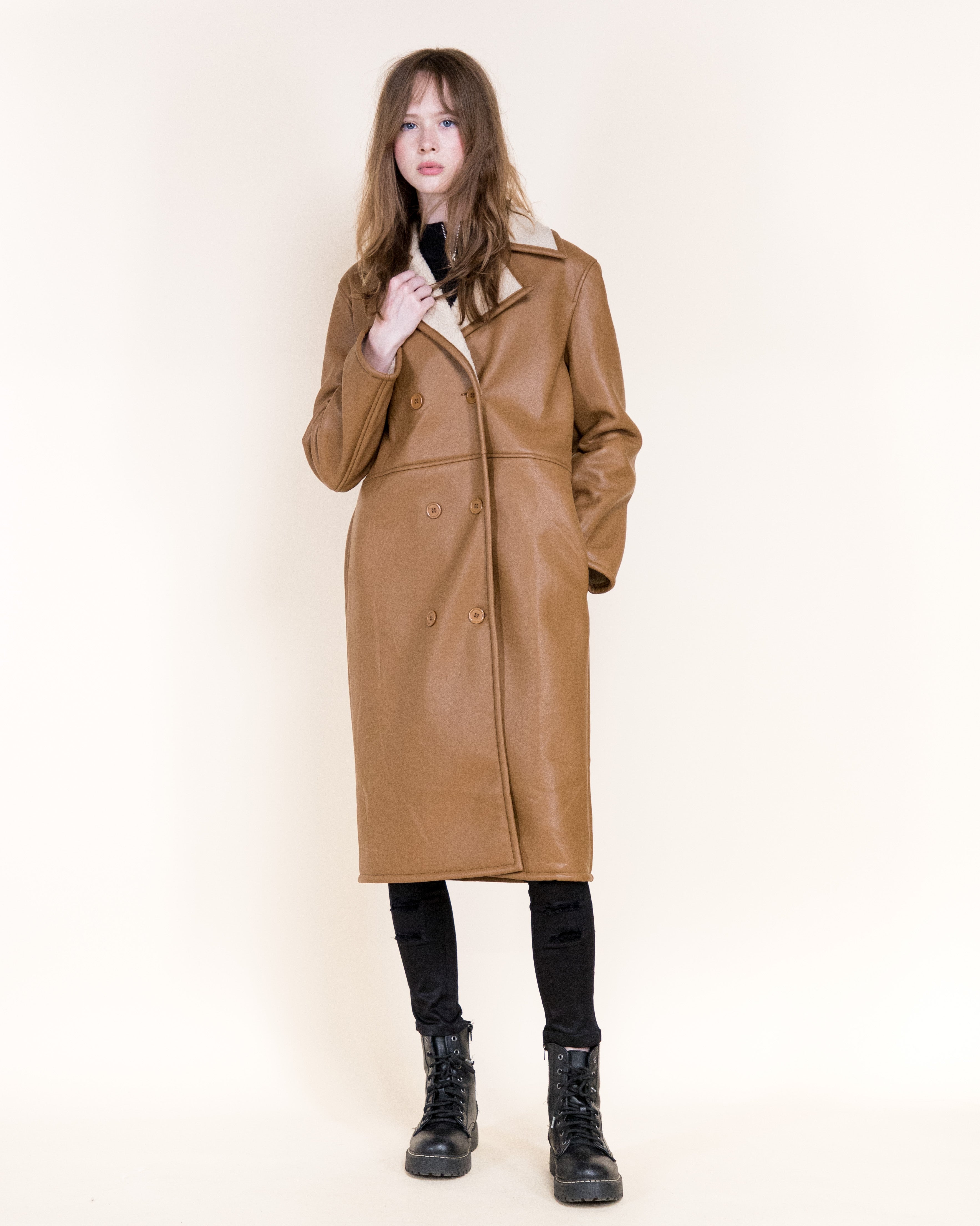 Aviatrice Double Breasted Shearling Vegan Leather Trench Coat- BROWN (S/M, L/XL) (Pack of 6)
