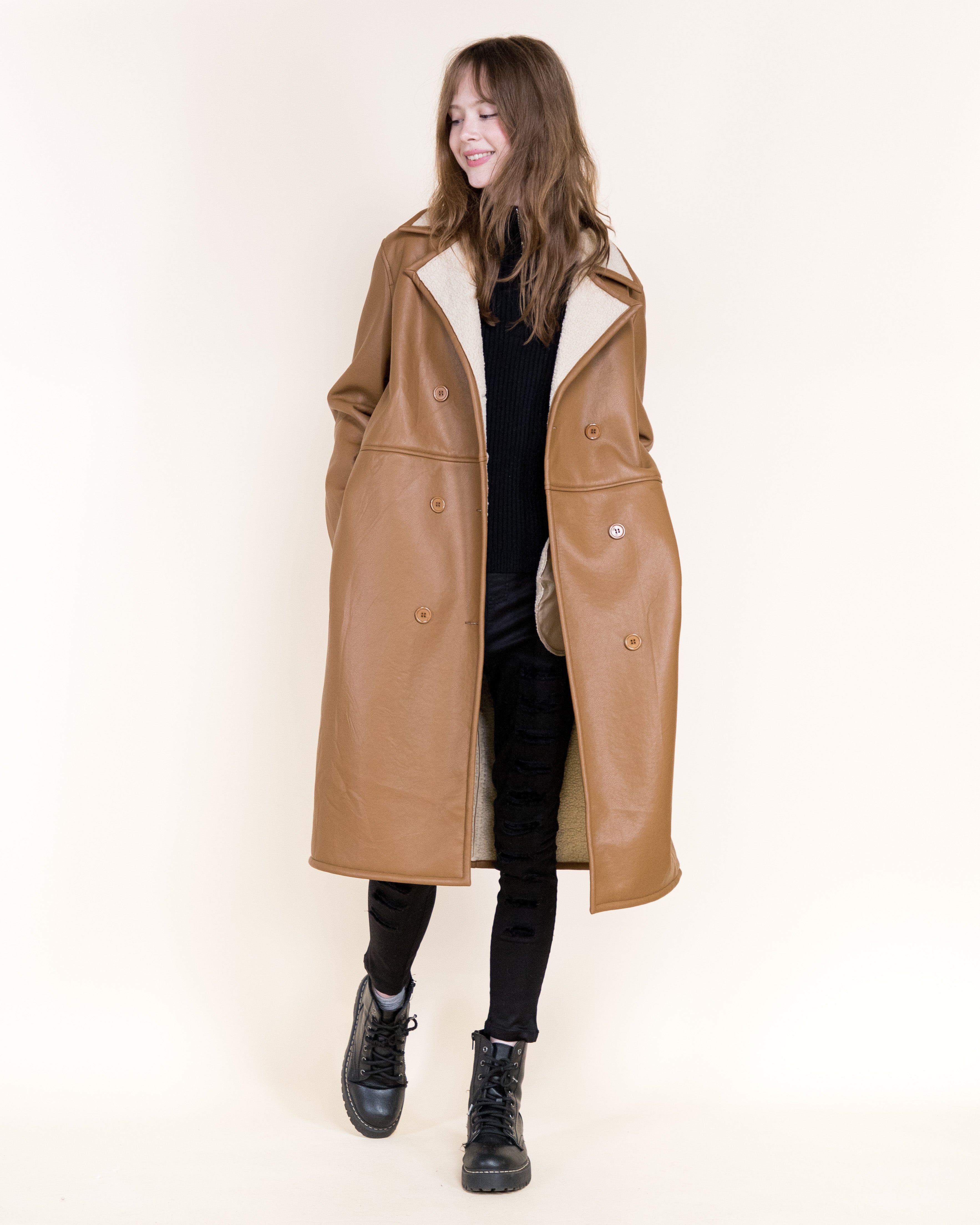 Aviatrice Double Breasted Shearling Vegan Leather Trench Coat- BROWN (S/M, L/XL) (Pack of 6)