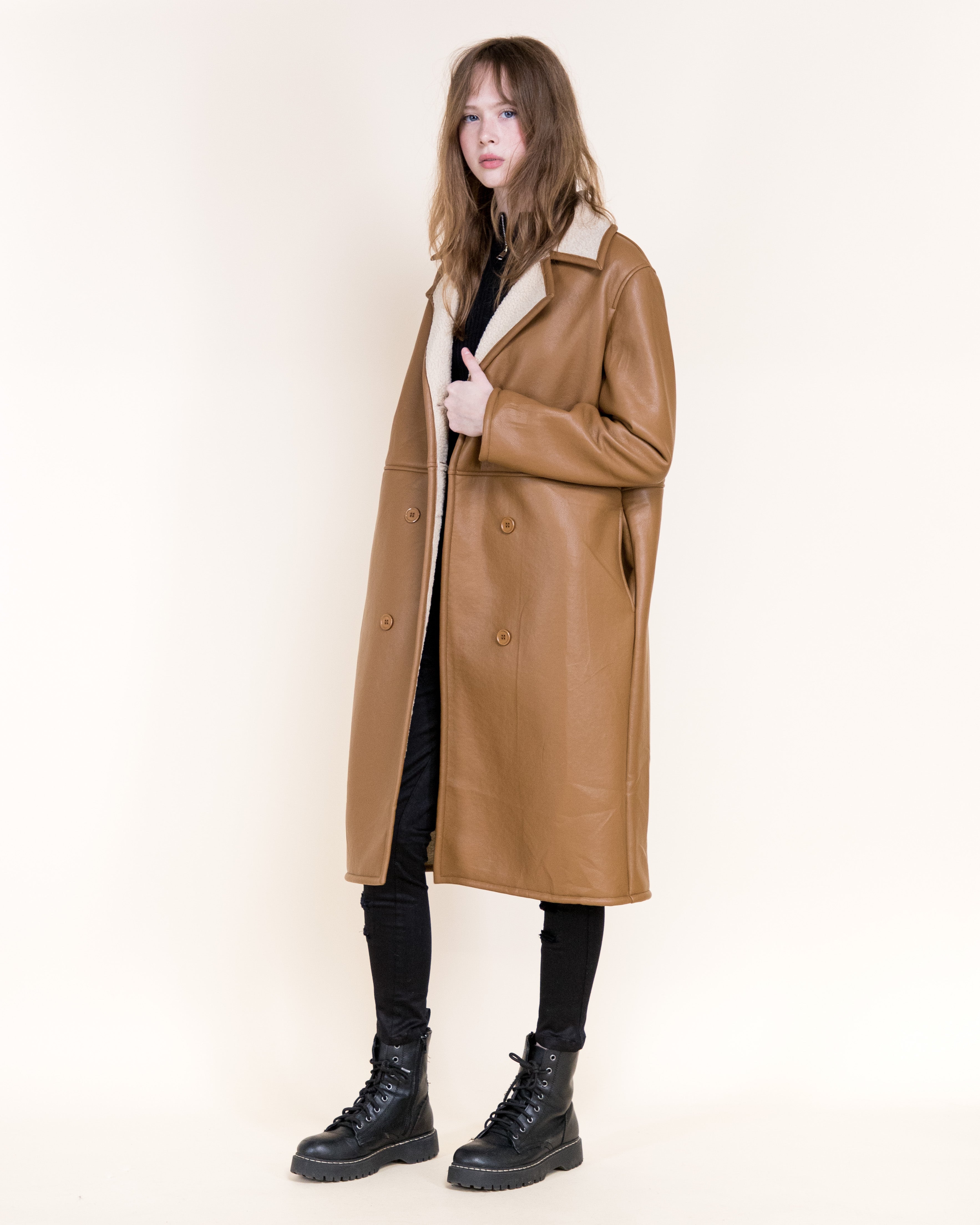 Aviatrice Double Breasted Shearling Vegan Leather Trench Coat- BROWN (S/M, L/XL) (Pack of 6)