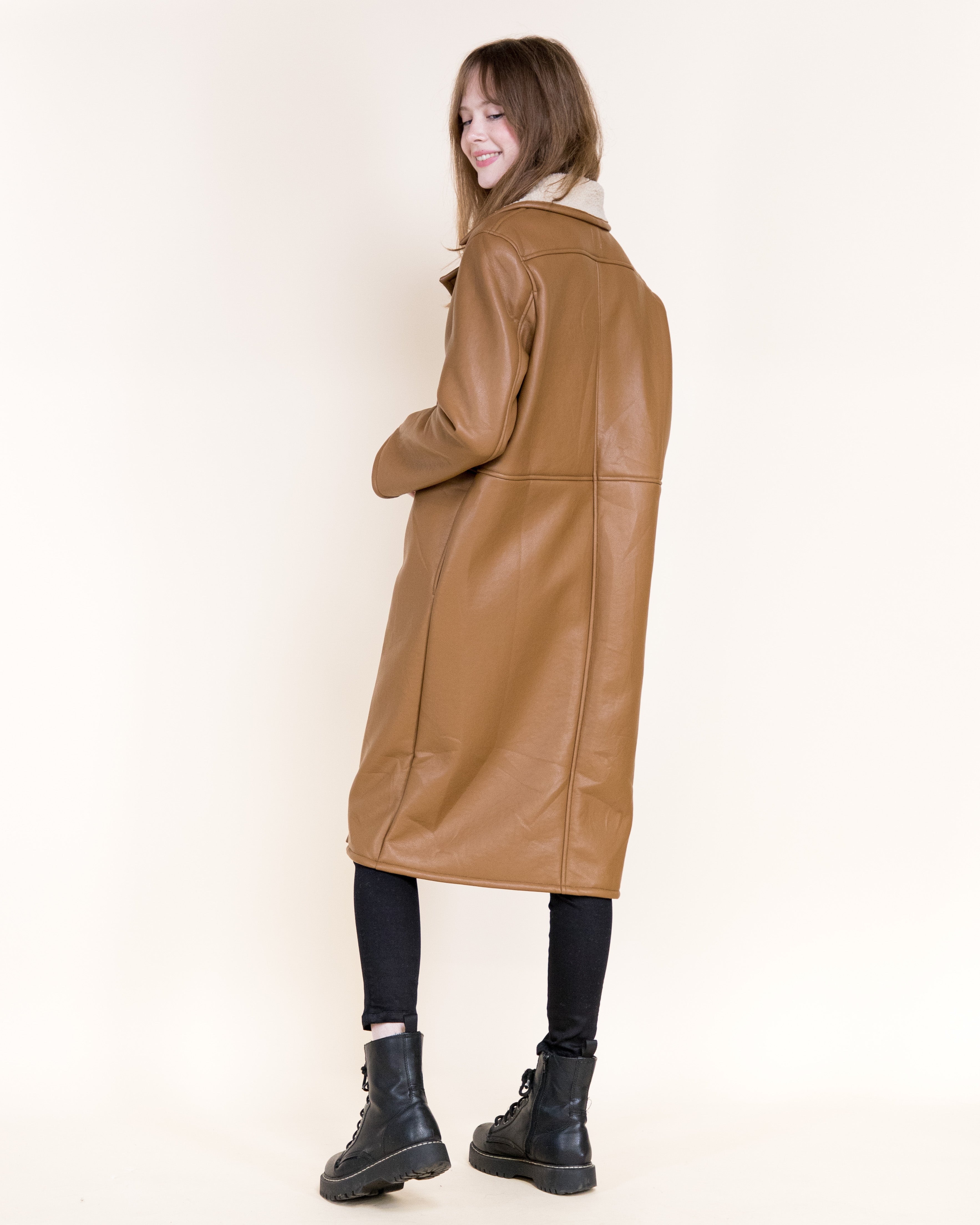 Aviatrice Double Breasted Shearling Vegan Leather Trench Coat- BROWN (S/M, L/XL) (Pack of 6)