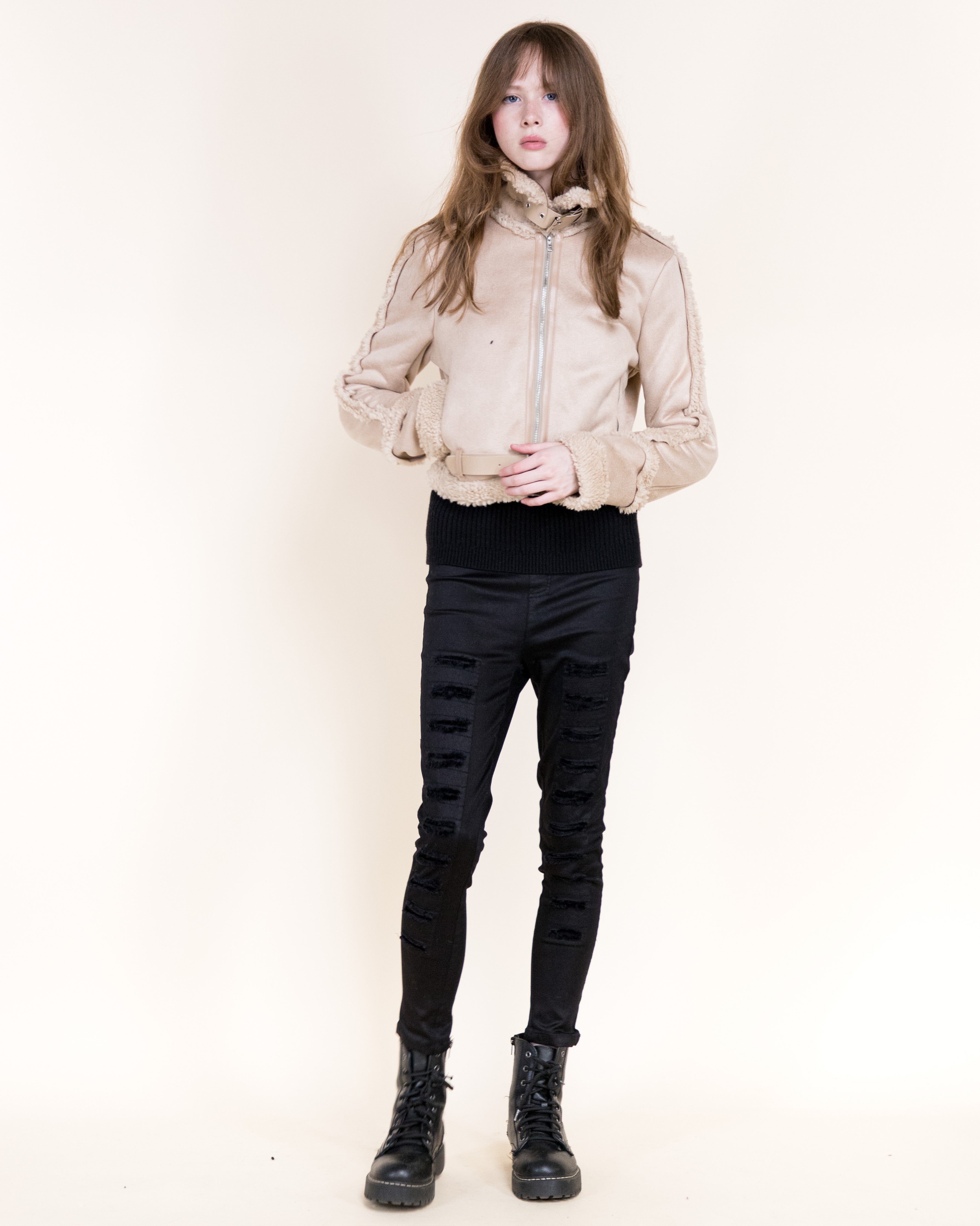 Femme Zip-Up Shearling Trim Vegan Suede Jacket-CAMEL (S/M, L/XL) (Pack of 6)