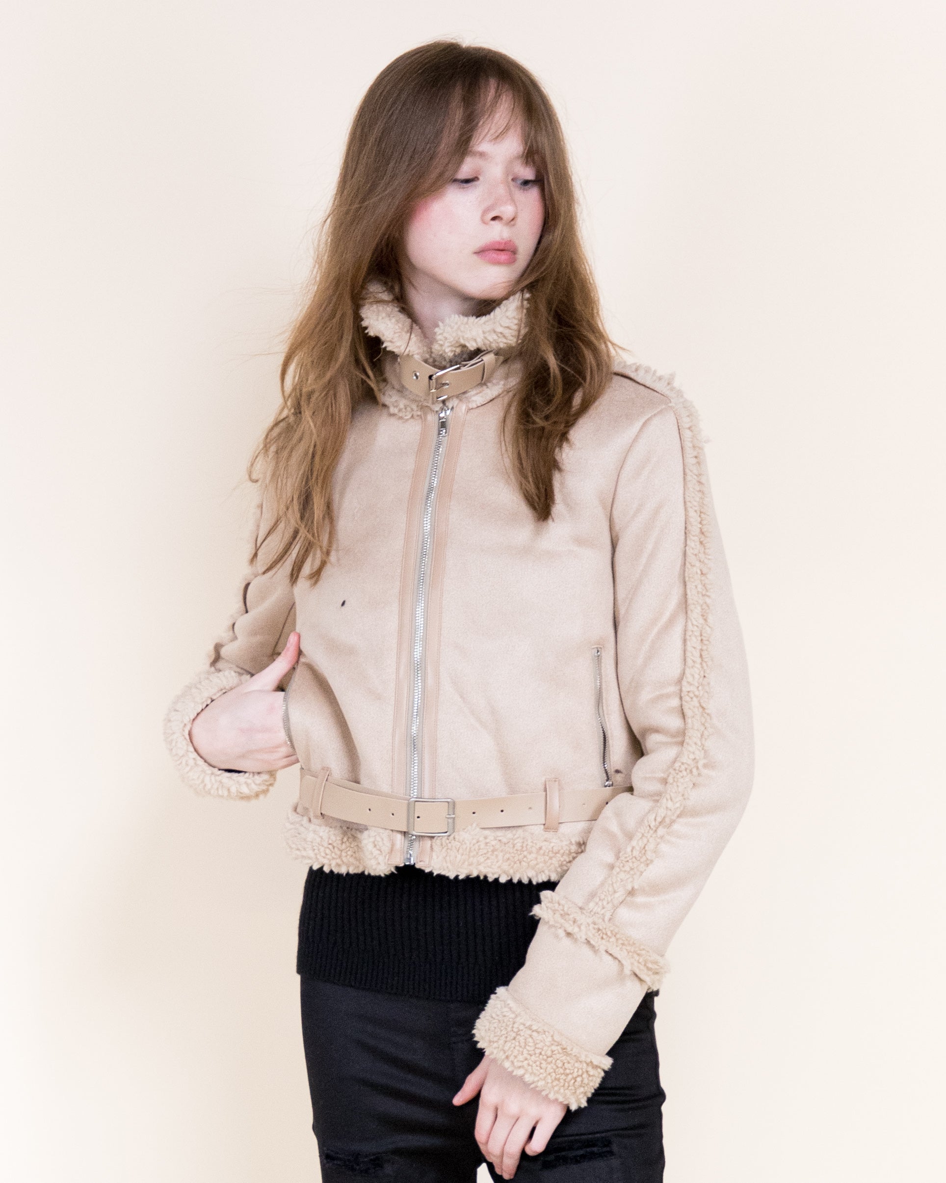 Femme Zip-Up Shearling Trim Vegan Suede Jacket-CAMEL (S/M, L/XL) (Pack of 6)