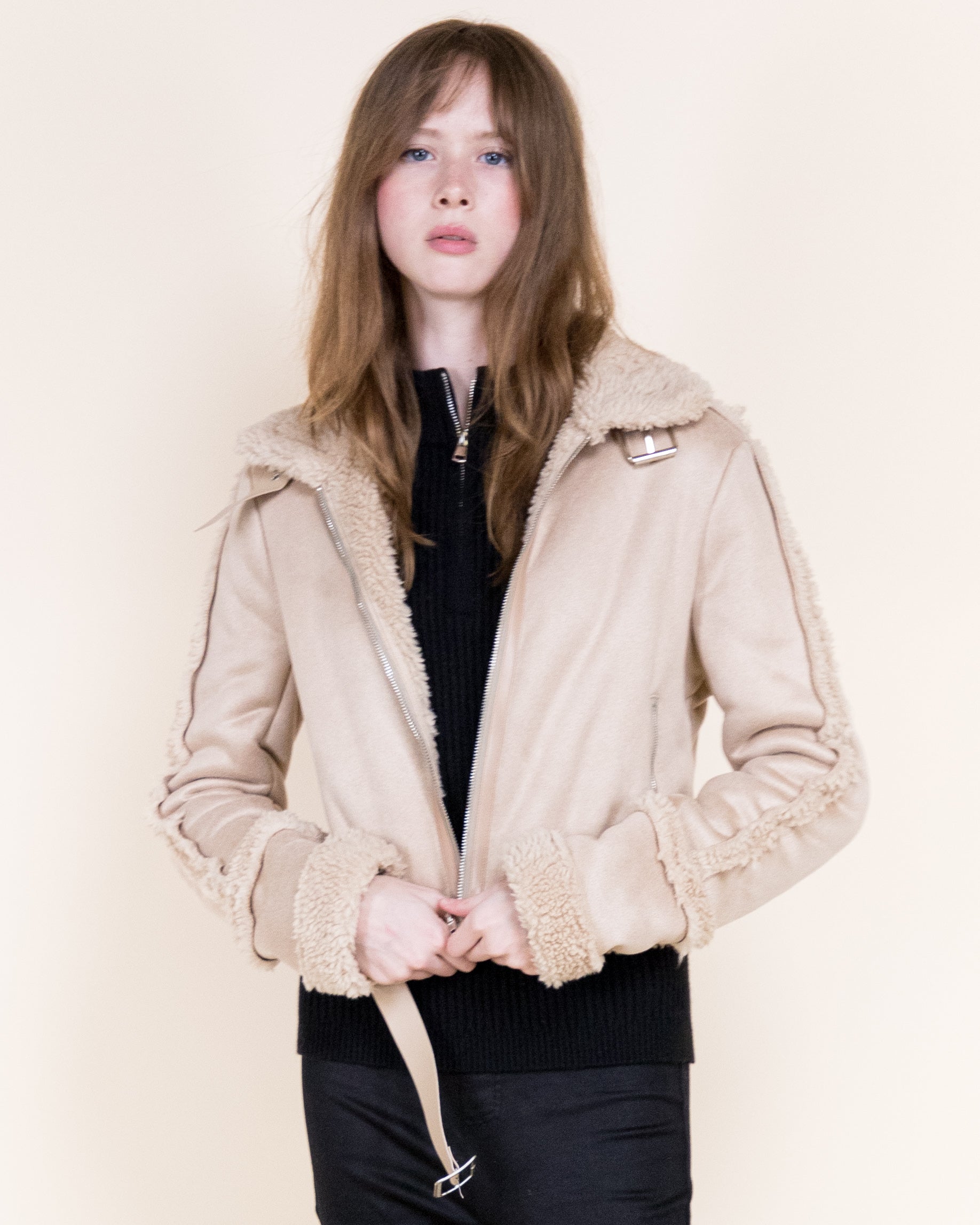 Femme Zip-Up Shearling Trim Vegan Suede Jacket-CAMEL (S/M, L/XL) (Pack of 6)