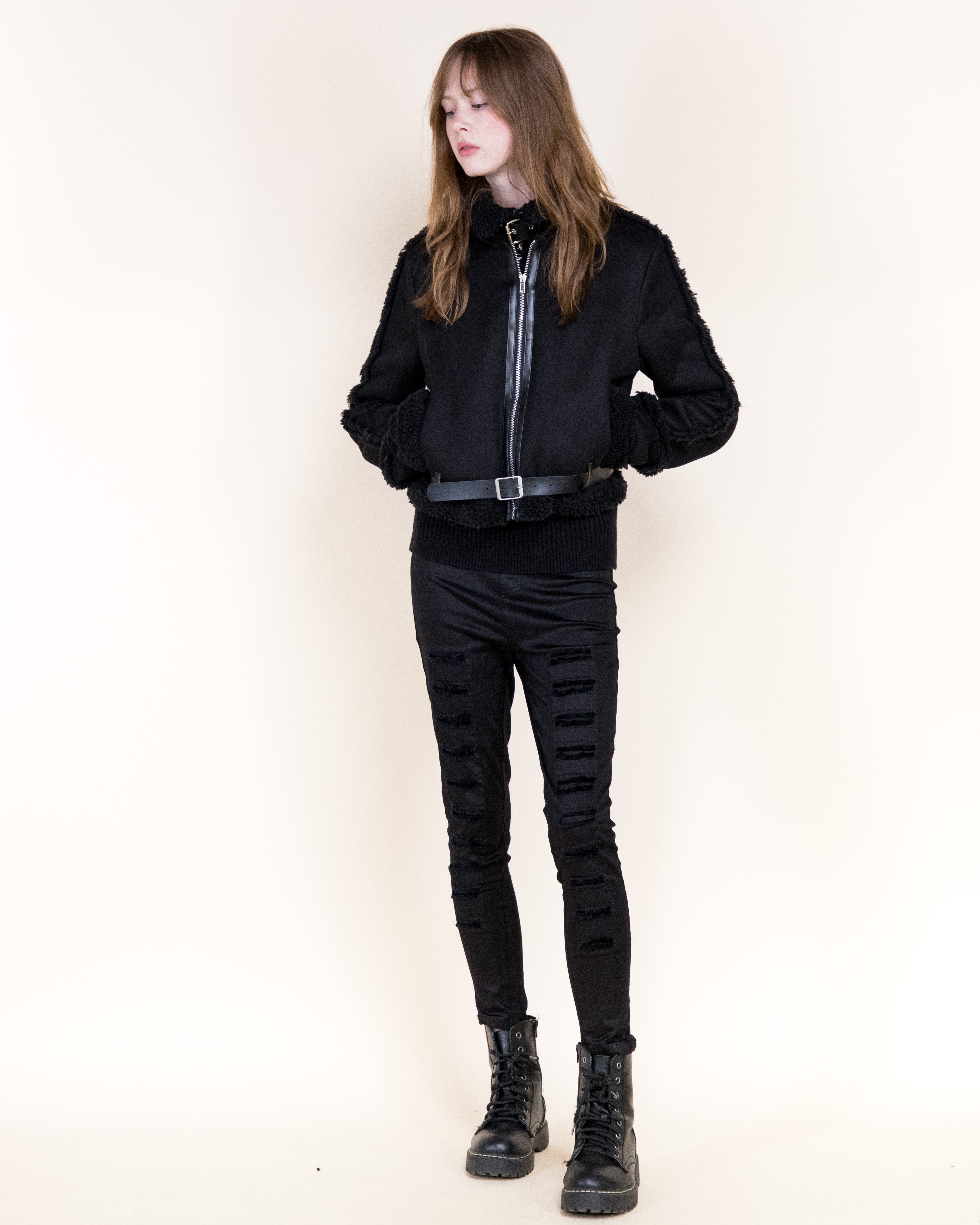 Femme Zip-Up Shearling Trim Vegan Suede Jacket-CAMEL (S/M, L/XL) (Pack of 6)