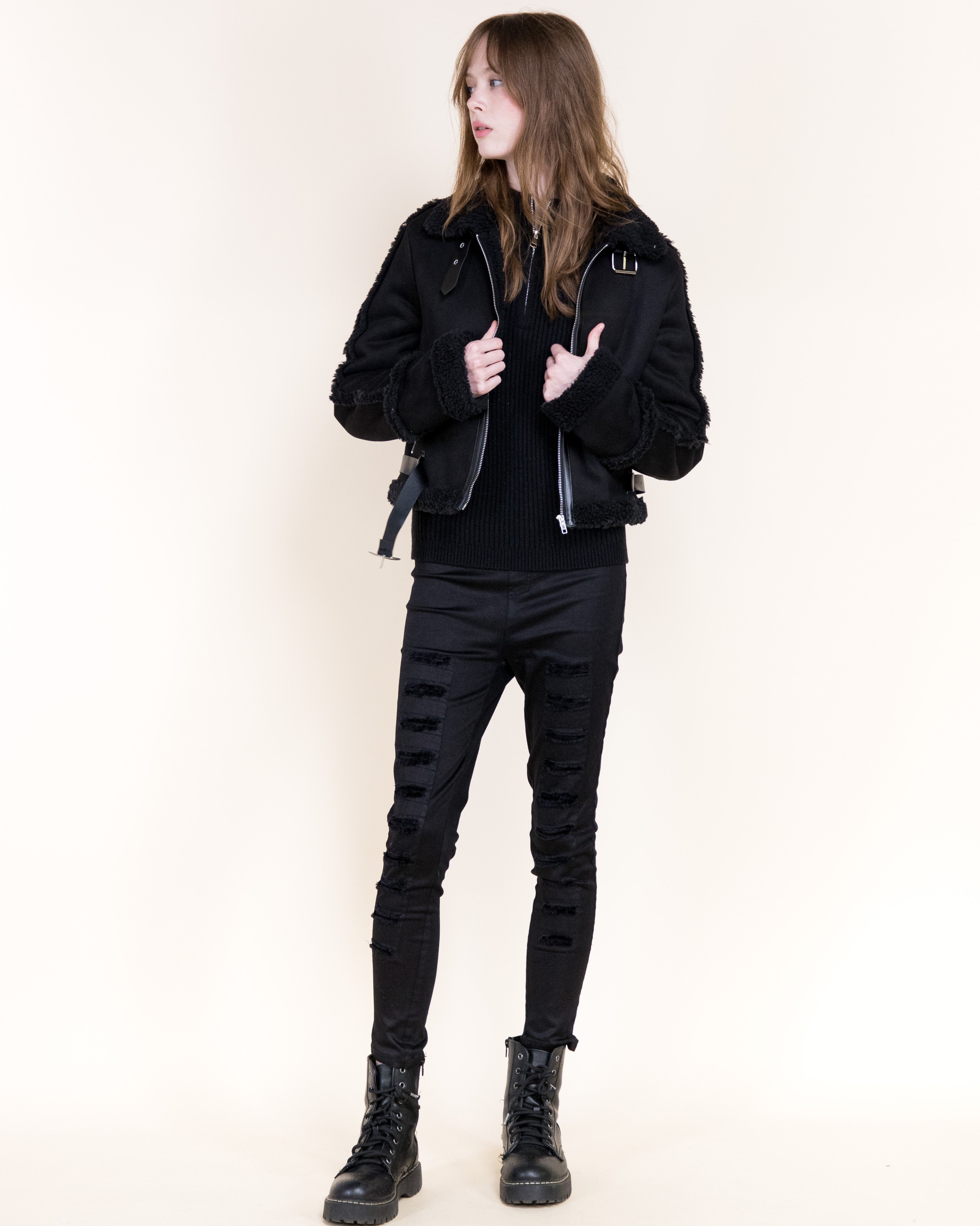 Femme Zip-Up Shearling Trim Vegan Suede Jacket-CAMEL (S/M, L/XL) (Pack of 6)