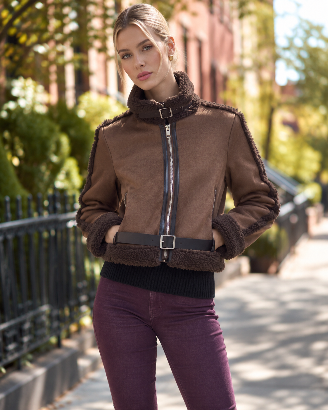 Femme Zip-Up Shearling Trim Vegan Suede Jacket- BROWN (S/M, L/XL) (Pack of 6)
