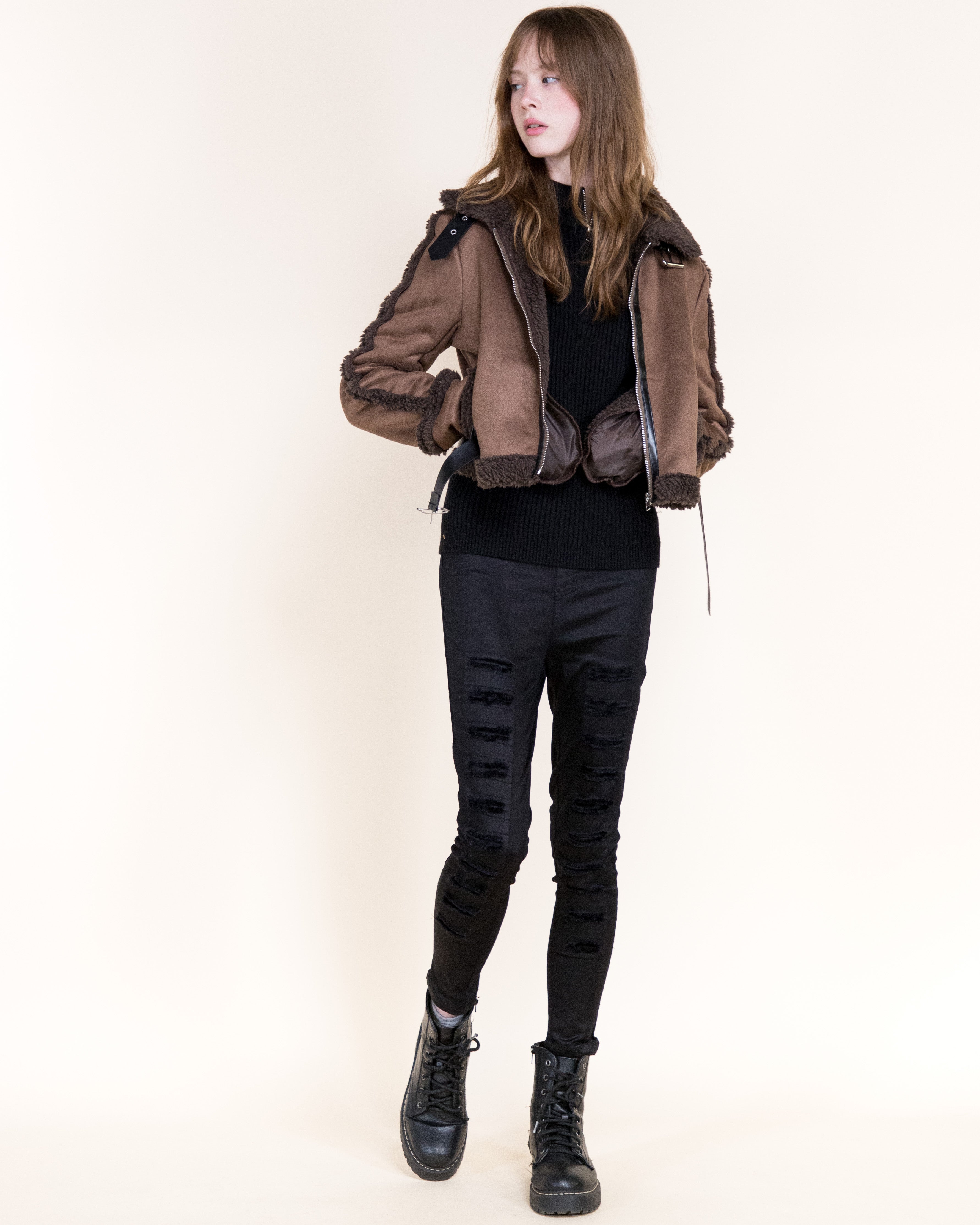 Femme Zip-Up Shearling Trim Vegan Suede Jacket-CAMEL (S/M, L/XL) (Pack of 6)