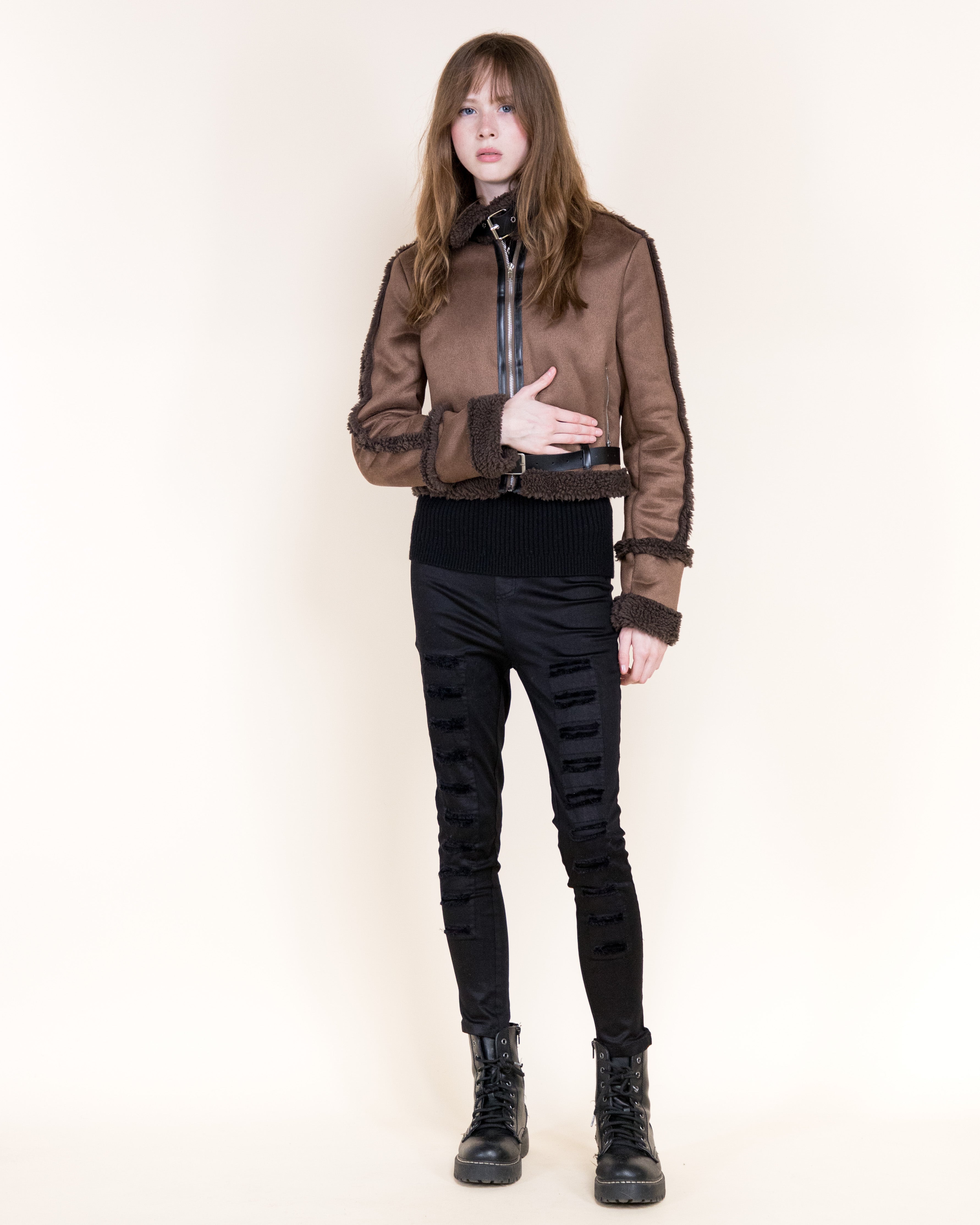 Femme Zip-Up Shearling Trim Vegan Suede Jacket-CAMEL (S/M, L/XL) (Pack of 6)