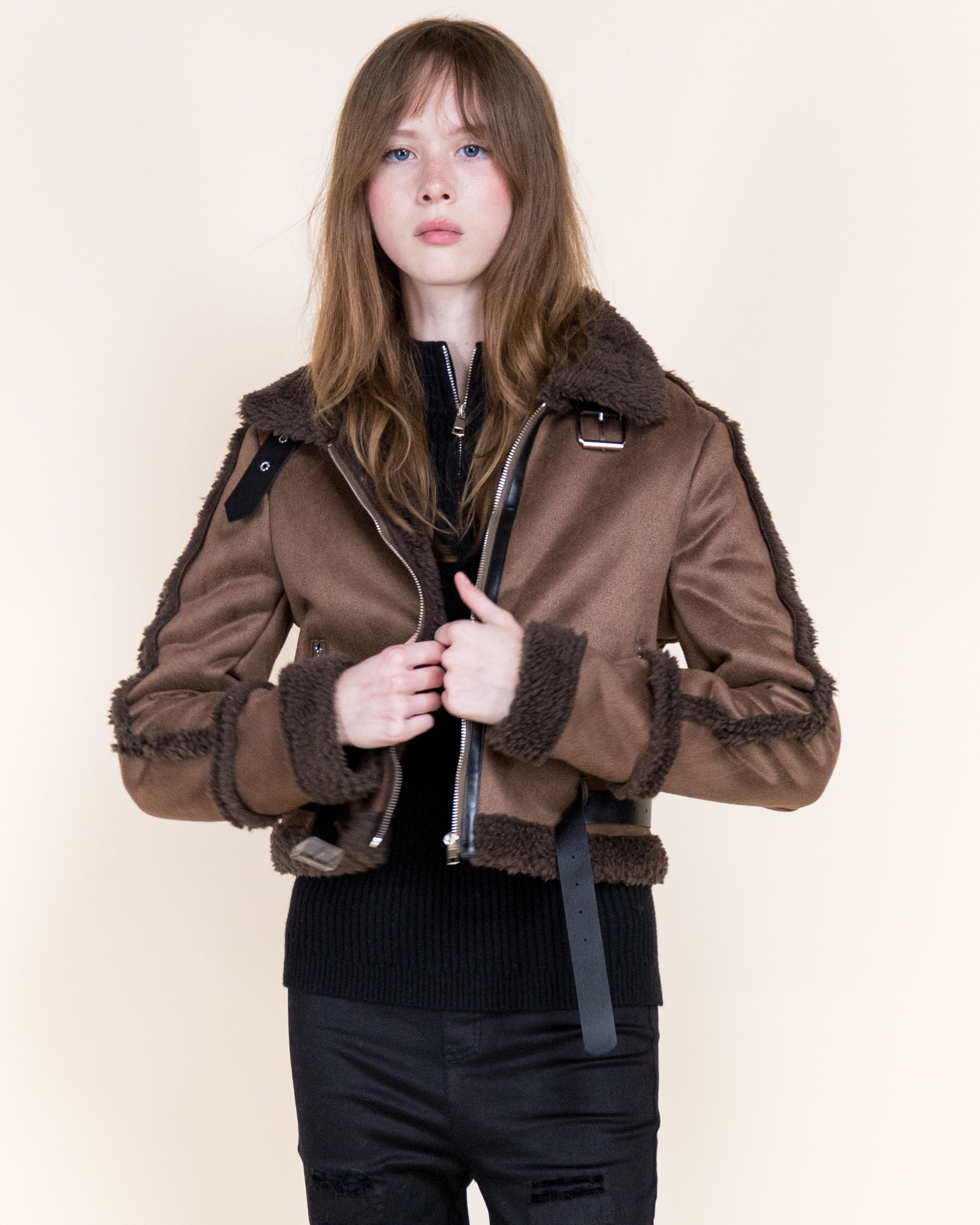 Femme Zip-Up Shearling Trim Vegan Suede Jacket-CAMEL (S/M, L/XL) (Pack of 6)