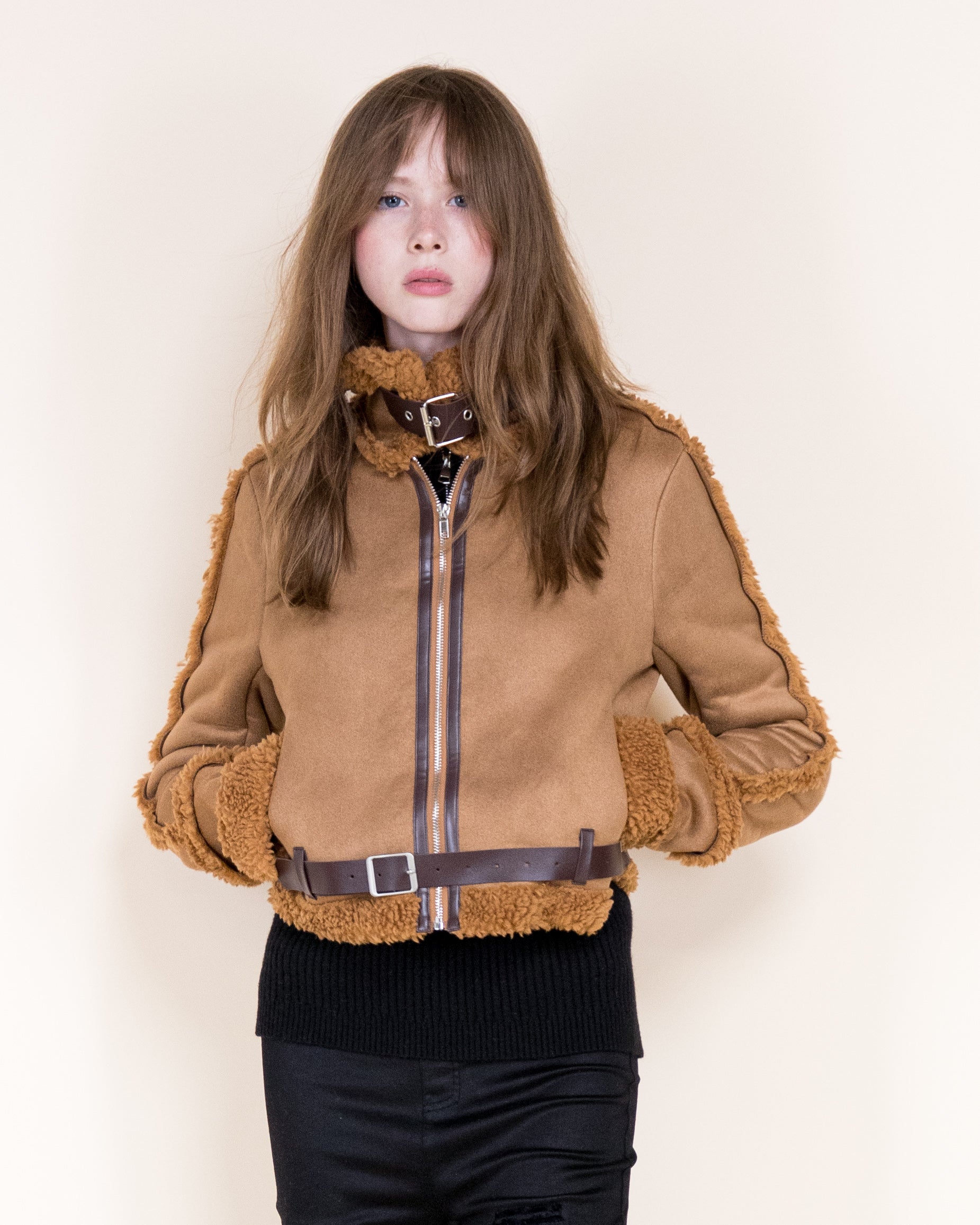 Femme Zip-Up Shearling Trim Vegan Suede Jacket-CAMEL (S/M, L/XL) (Pack of 6)
