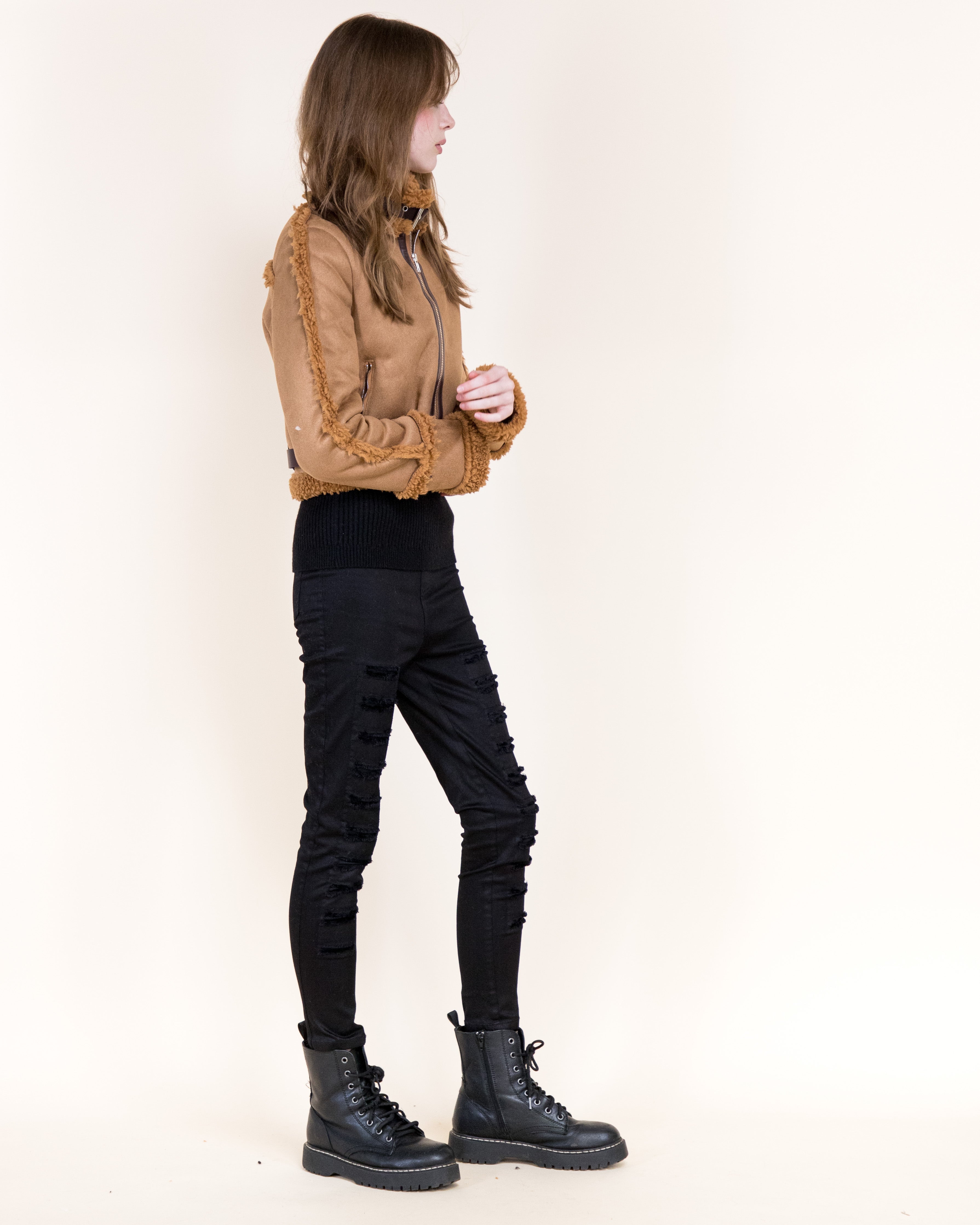 Femme Zip-Up Shearling Trim Vegan Suede Jacket-CAMEL (S/M, L/XL) (Pack of 6)