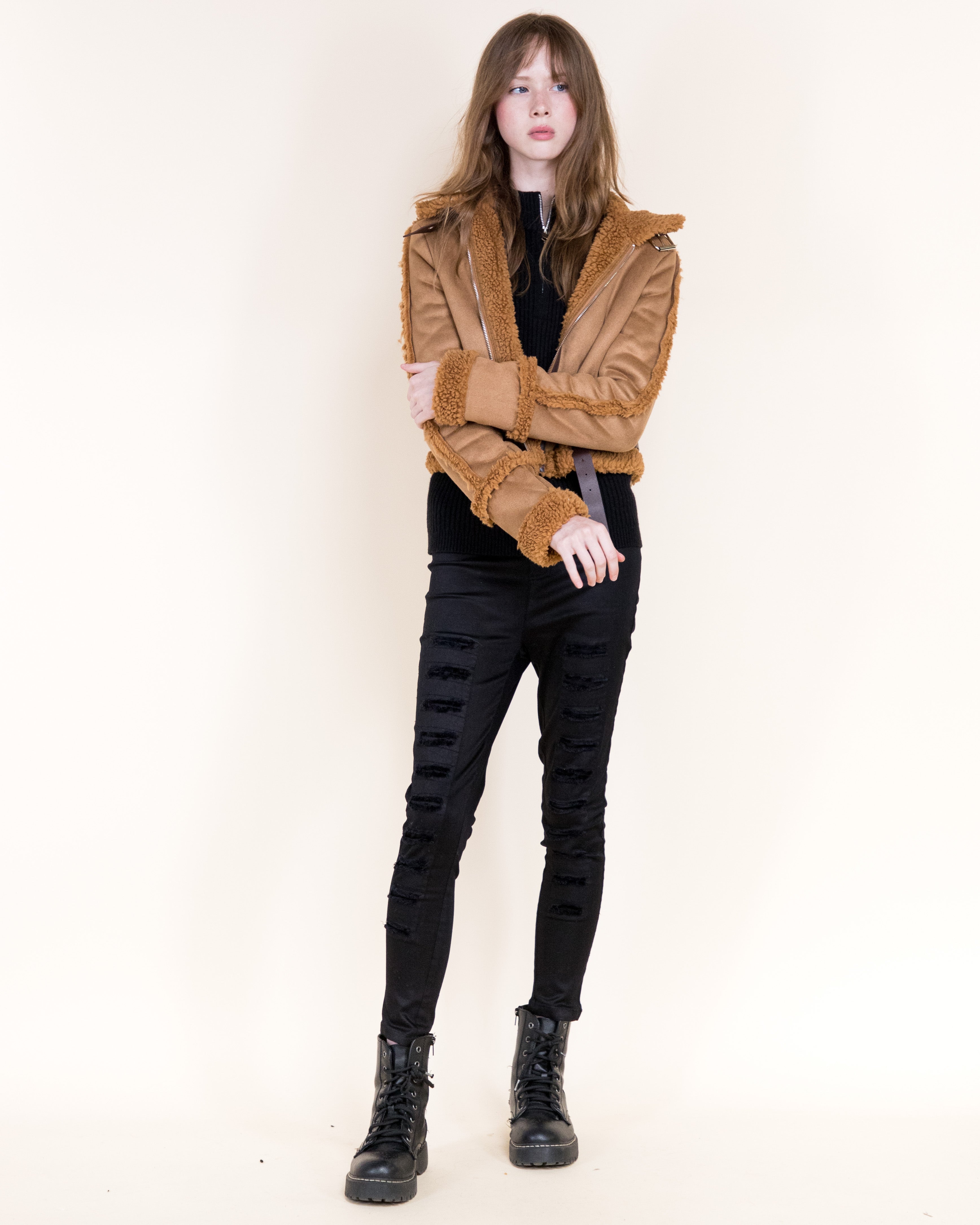 Femme Zip-Up Shearling Trim Vegan Suede Jacket-CAMEL (S/M, L/XL) (Pack of 6)