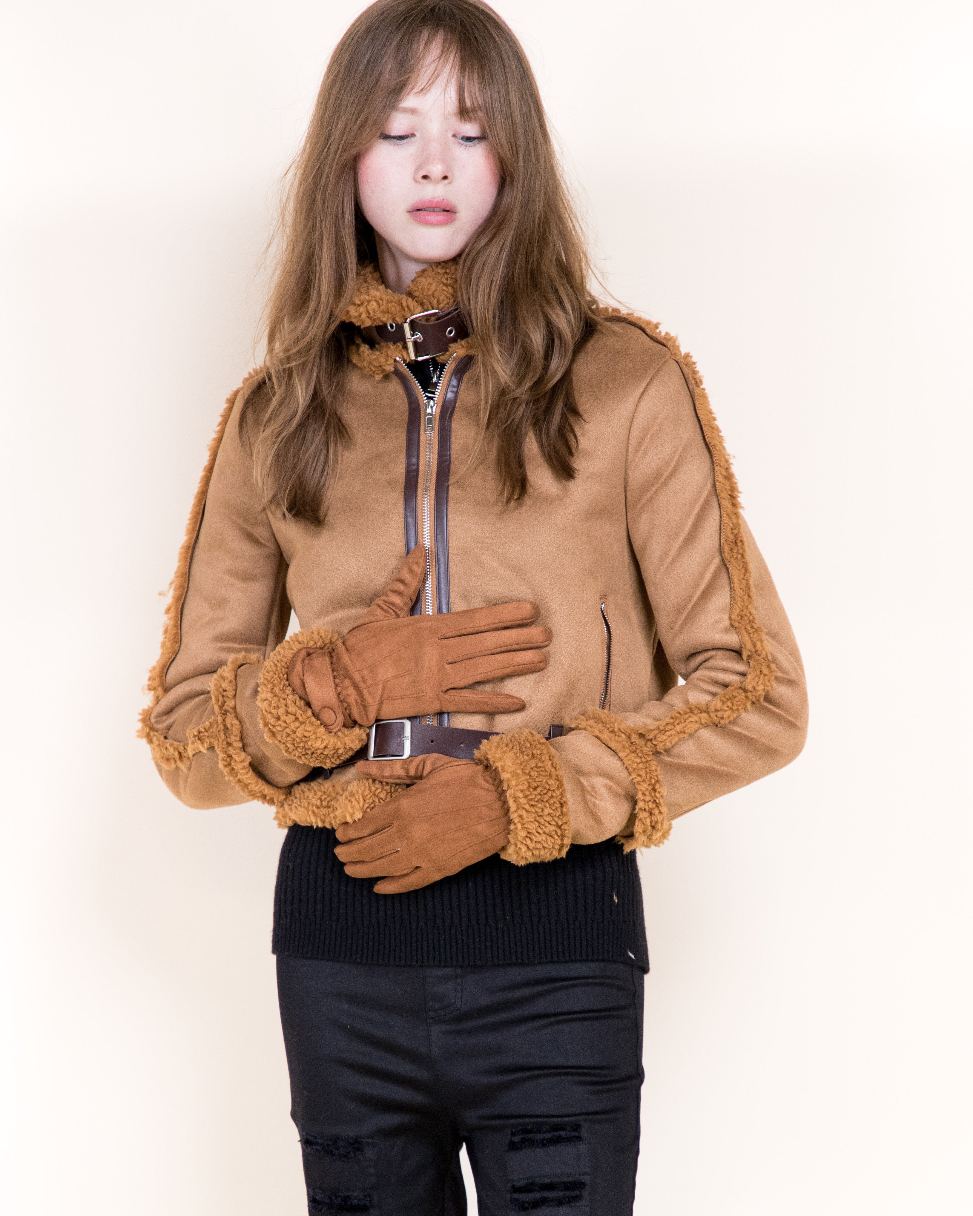 Femme Zip-Up Shearling Trim Vegan Suede Jacket-CAMEL (S/M, L/XL) (Pack of 6)