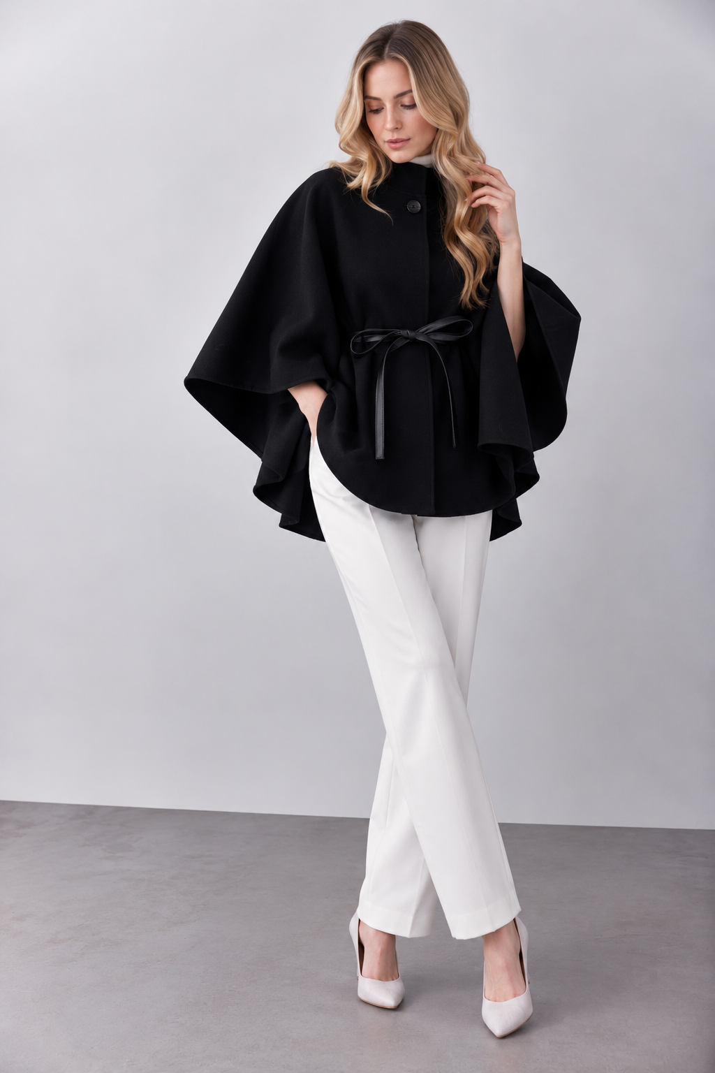 Funnel Neck Faux Leather Belt Cape - Black (OS) (Pack of 6)