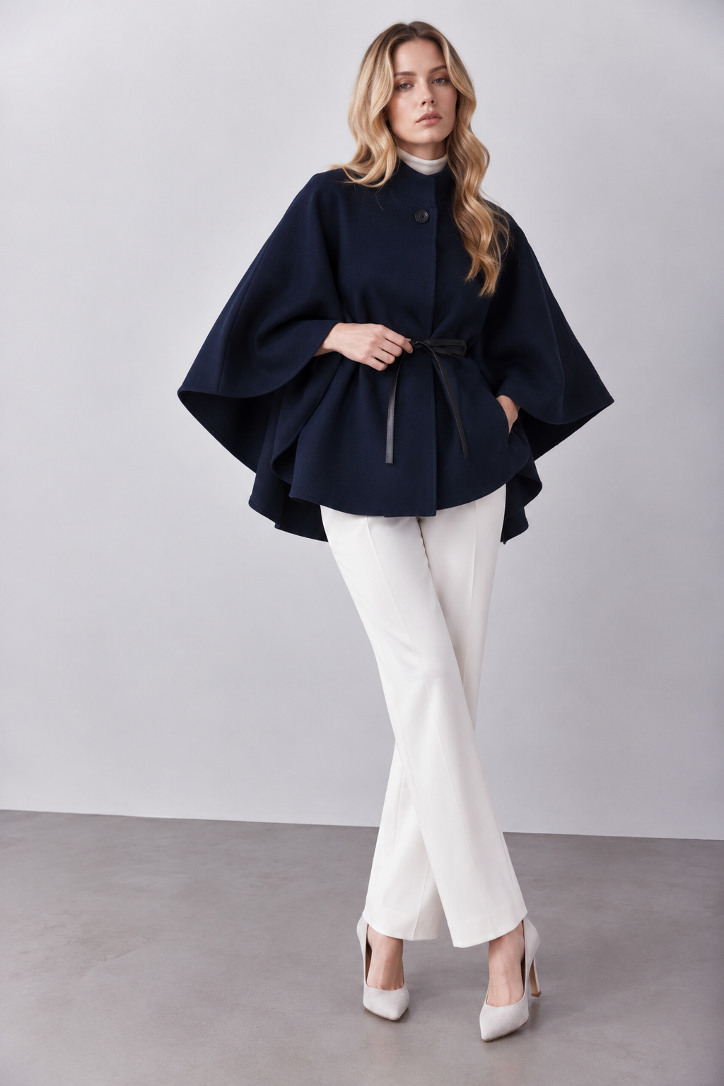Funnel Neck Faux Leather Belt Cape - Navy (OS) (Pack of 6)