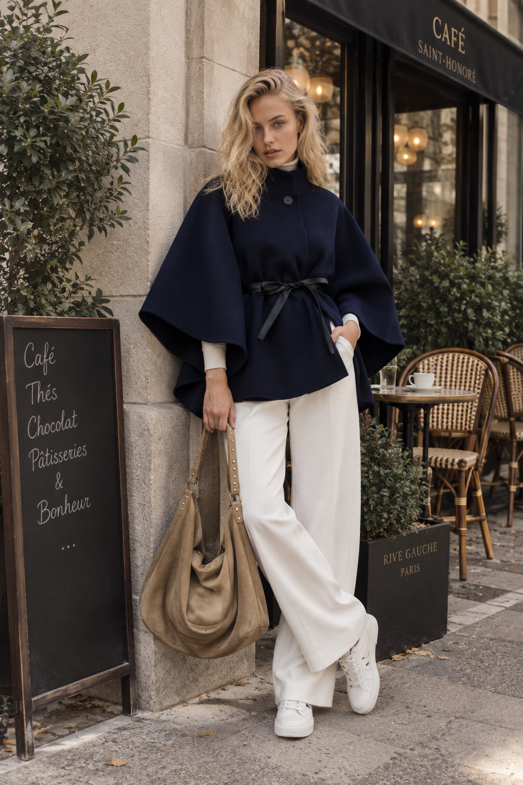 Funnel Neck Faux Leather Belt Cape - Navy (OS) (Pack of 6)