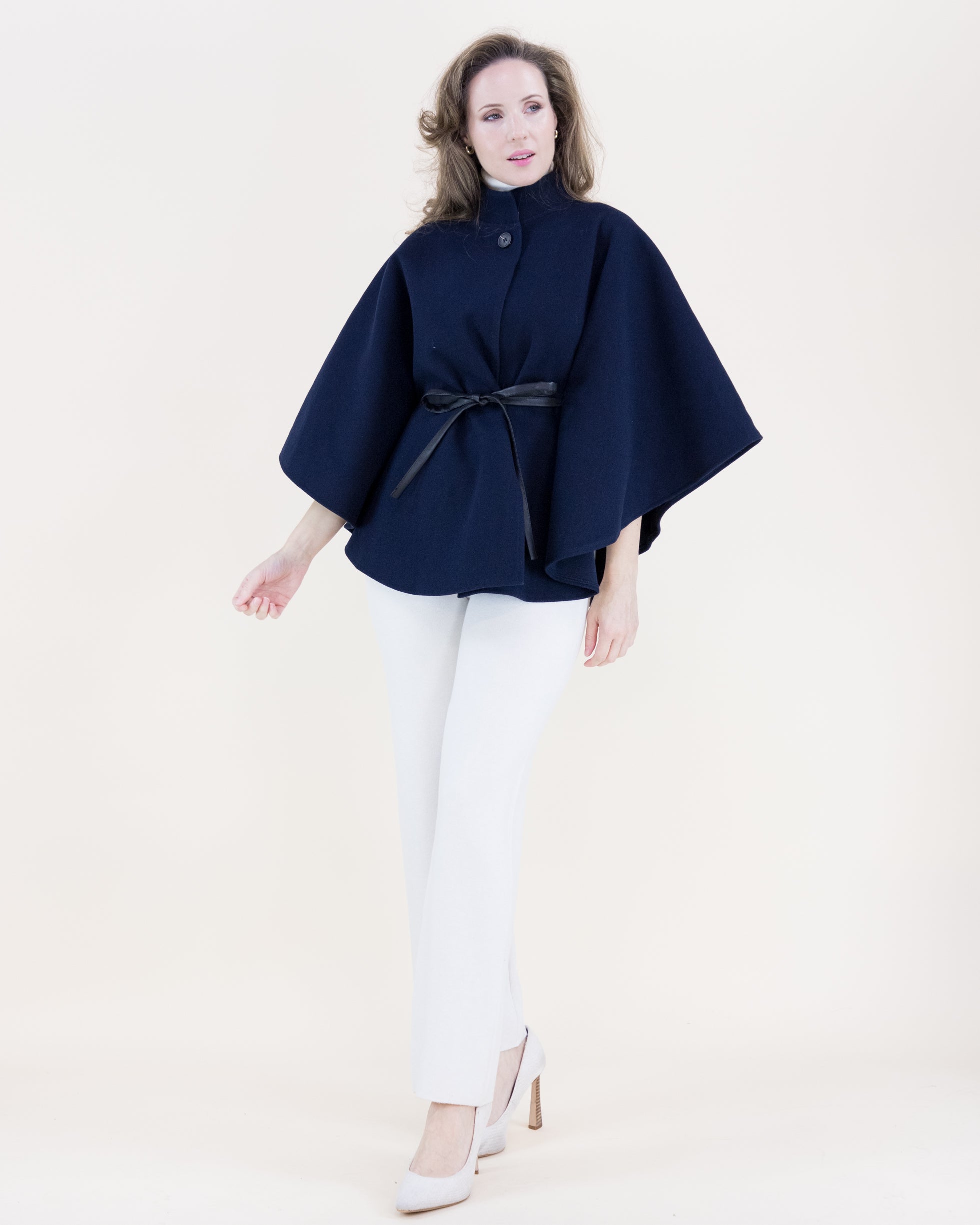 Funnel Neck Faux Leather Belt Cape - Navy (OS) (Pack of 6)