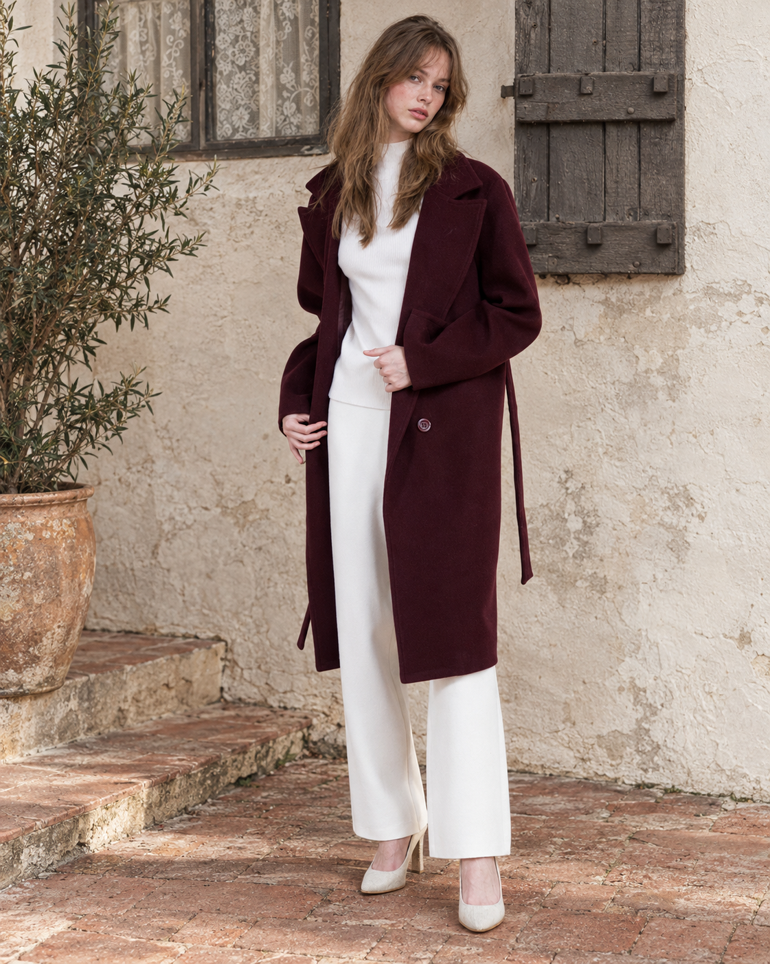 Classic Double Breasted Belted Peacoat- BURGUNDY (S/M, L/XL) (Pack of 6)