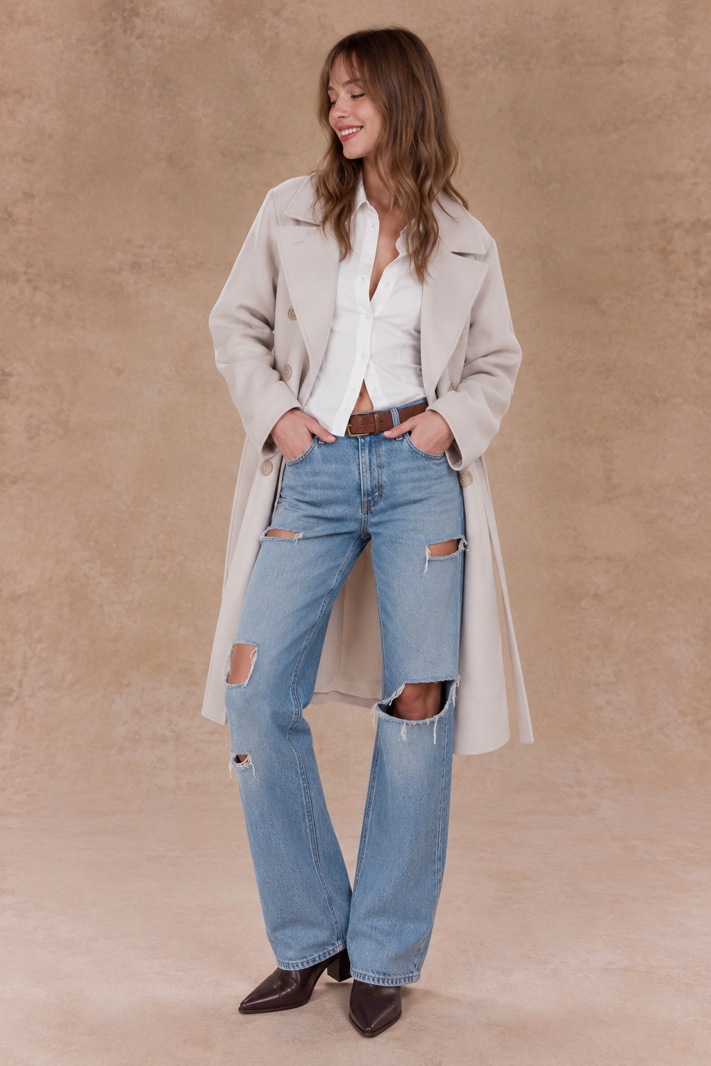 Classic Double Breasted Belted Peacoat- BEIGE (S/M, L/XL) (Pack of 6)