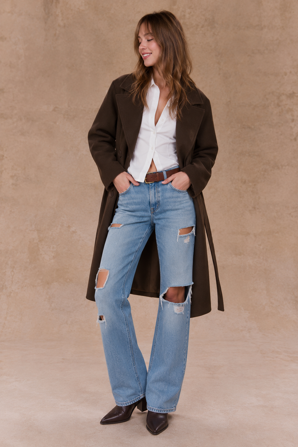 Classic Double Breasted Belted Peacoat- BROWN (S/M, L/XL) (Pack of 6)