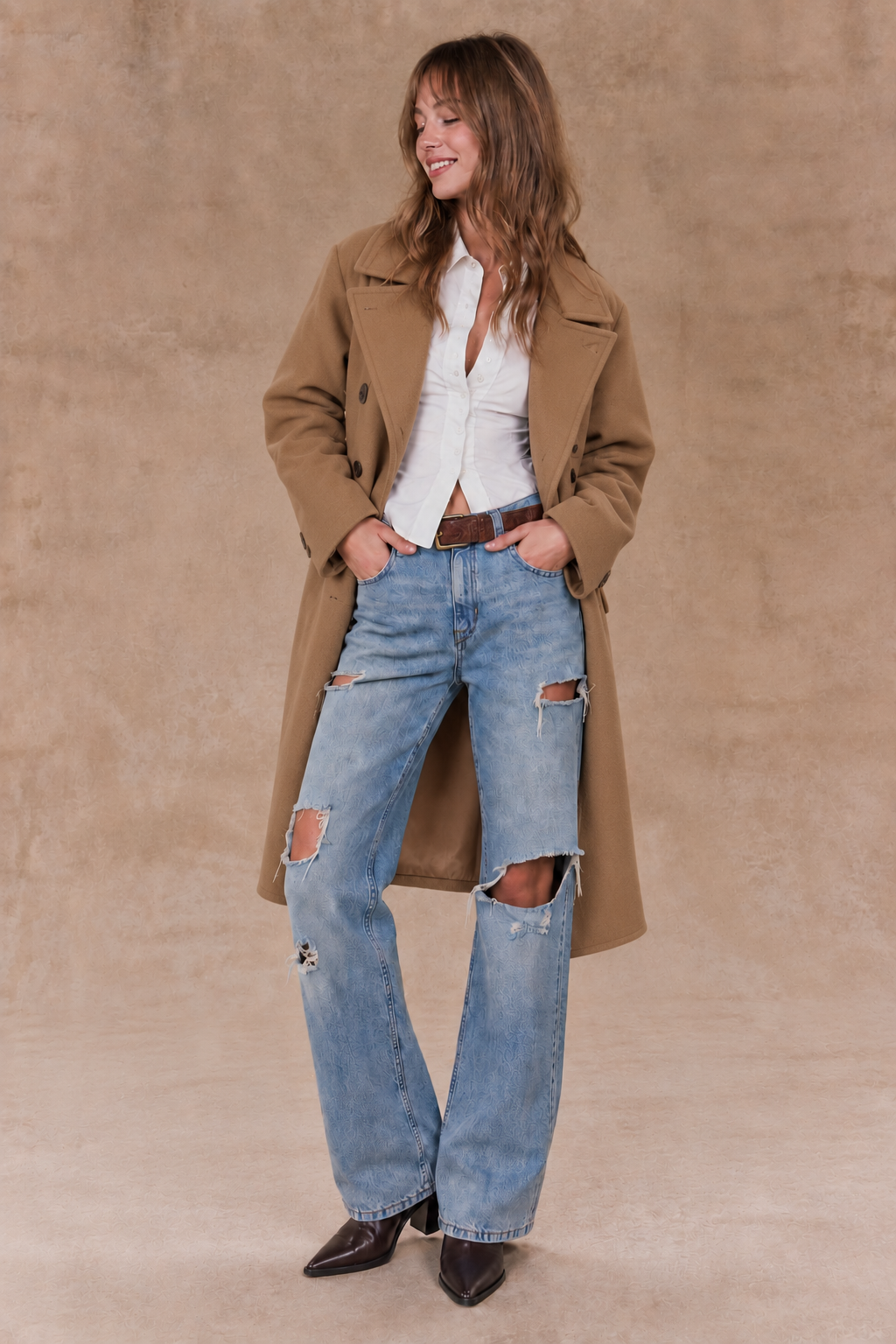 Classic Double Breasted Belted Peacoat- CAMEL (S/M, L/XL) (Pack of 6)