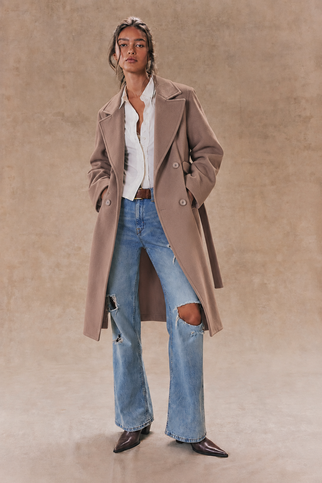 Classic Double Breasted Belted Peacoat- KHAKI (S/M, L/XL) (Pack of 6)