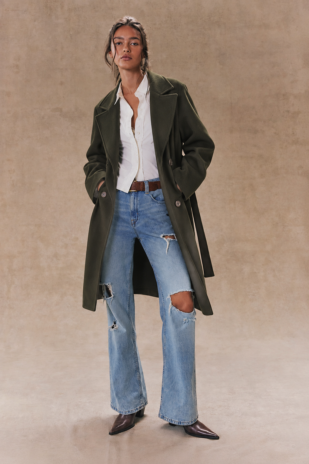 Classic Double Breasted Belted Peacoat- OLIVE (S/M, L/XL) (Pack of 6)