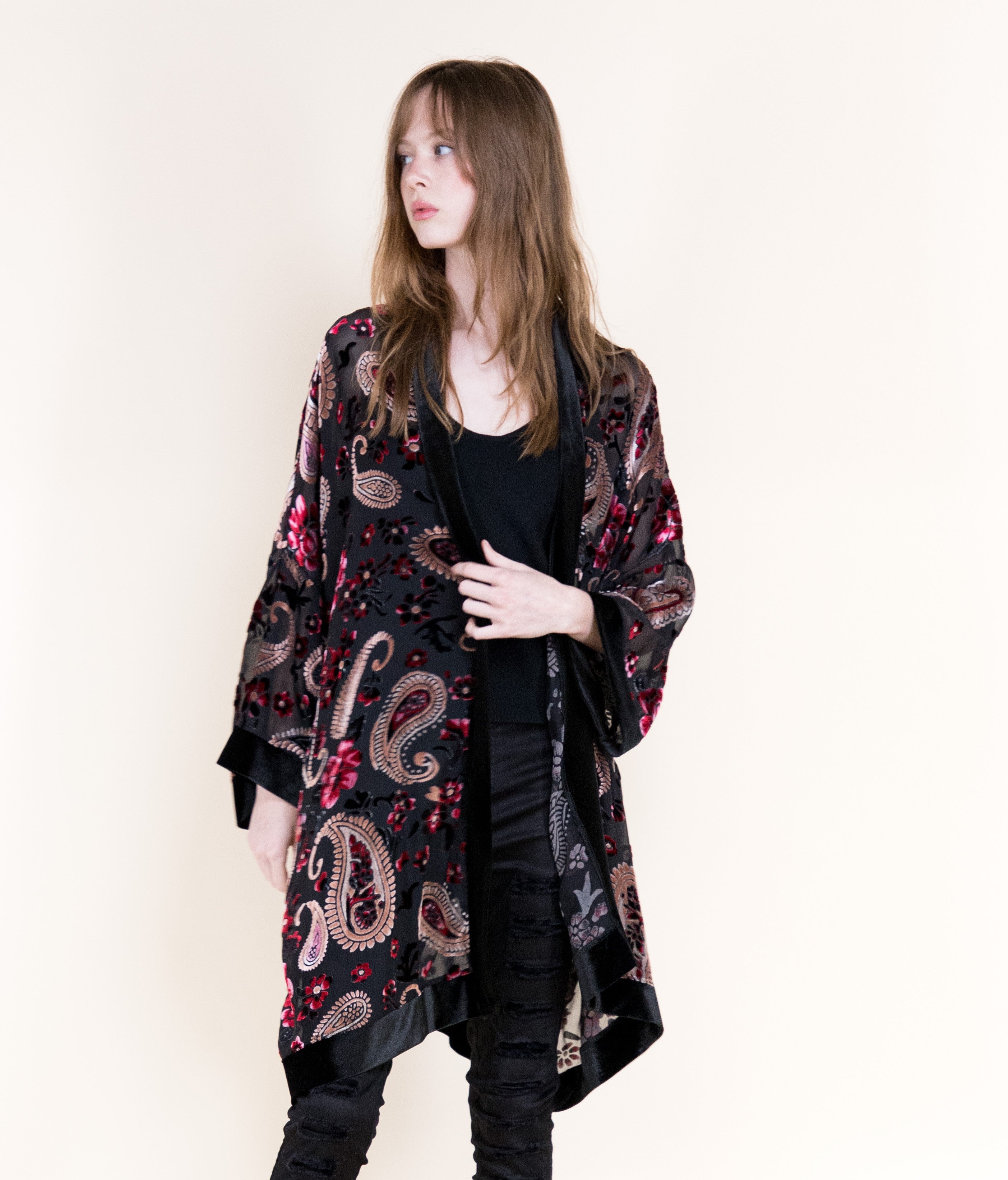 Luxe Velvet Flowers and Paisley Burn-Out Kimono - BLACK (OS) (Pack of 6)