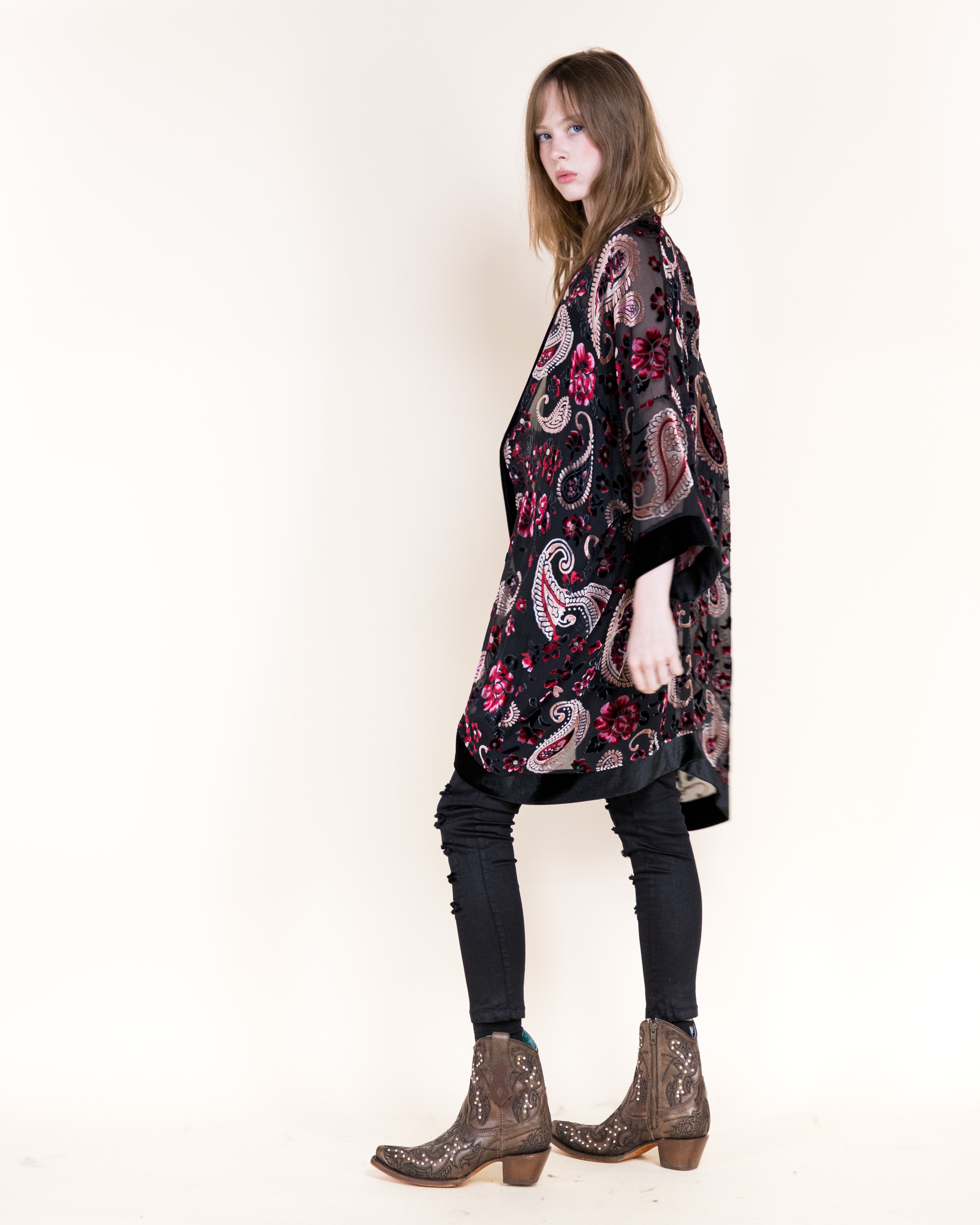 Luxe Velvet Flowers and Paisley Burn-Out Kimono - BLACK (OS) (Pack of 6)