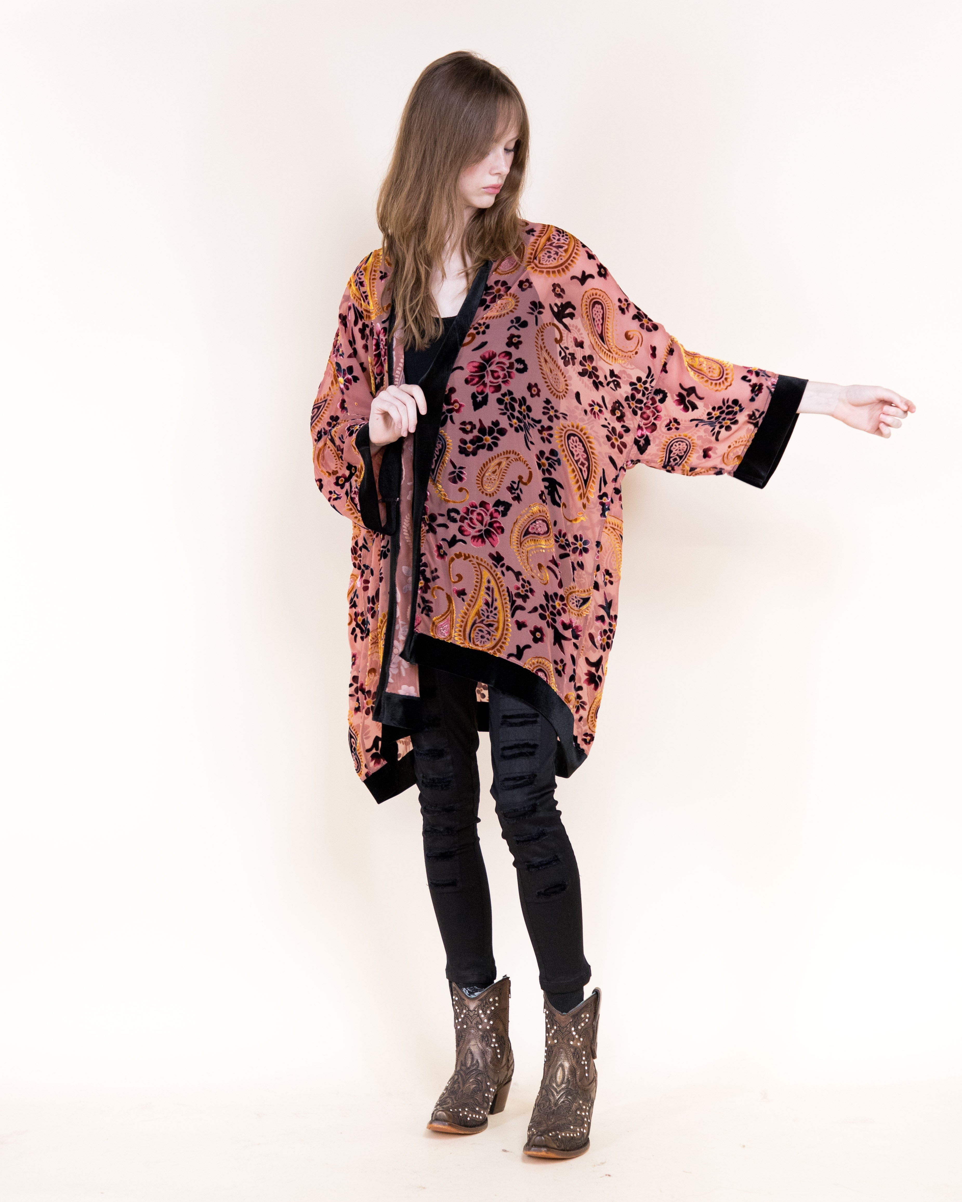 Luxe Velvet Flowers and Paisley Burn-Out Kimono - BLACK (OS) (Pack of 6)