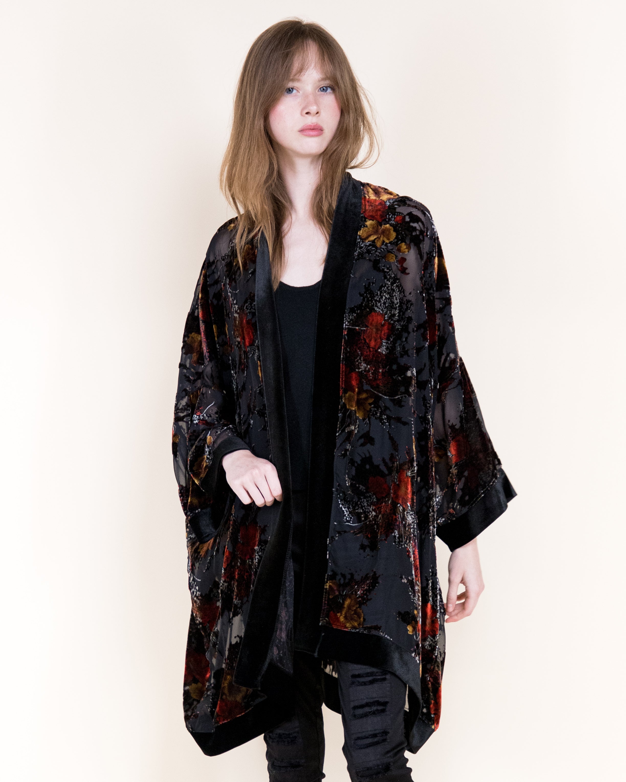 Luxe Velvet Floral Bunches Burn-Out Kimono - GREEN (OS) (Pack of 6)