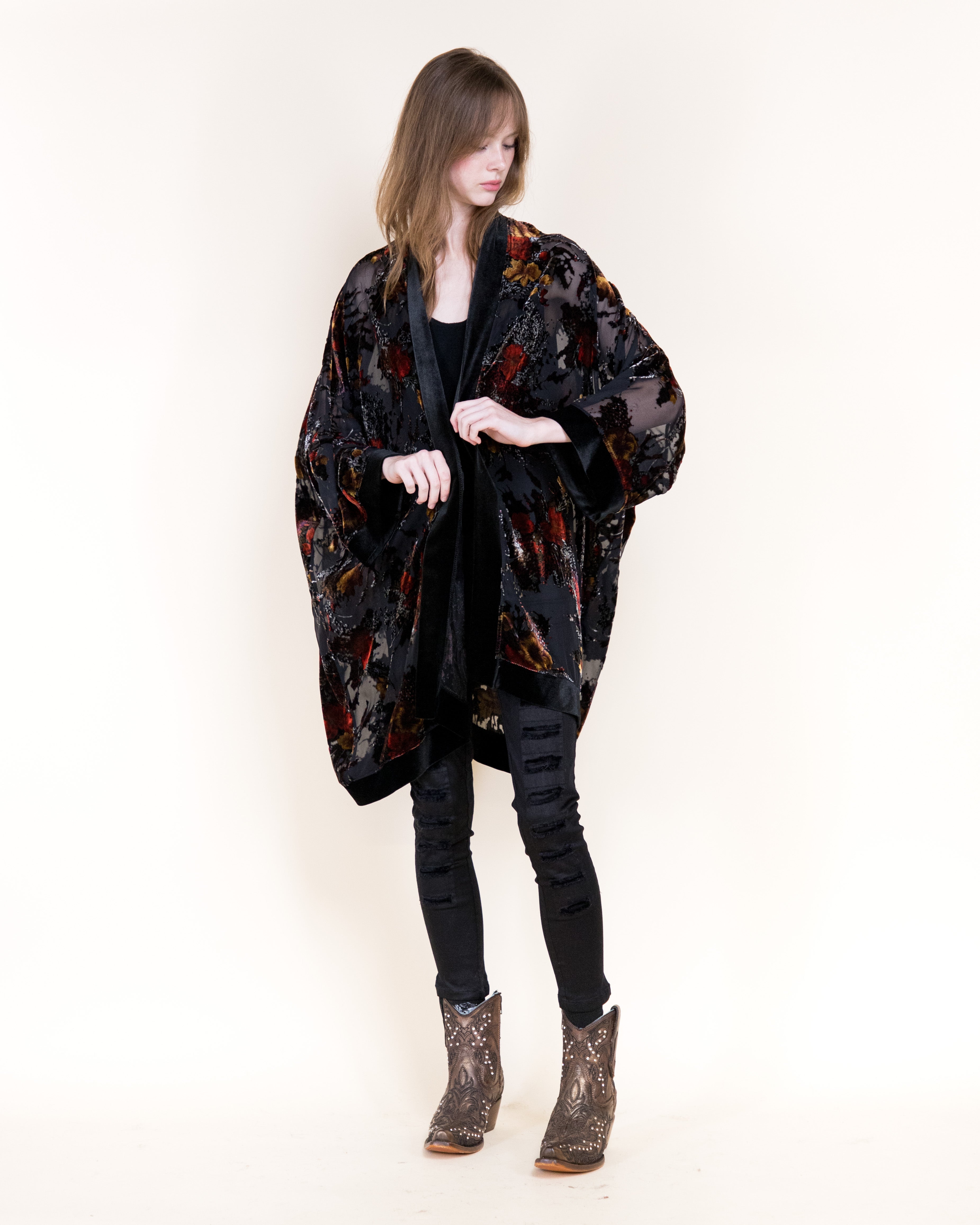 Luxe Velvet Floral Bunches Burn-Out Kimono - GREEN (OS) (Pack of 6)