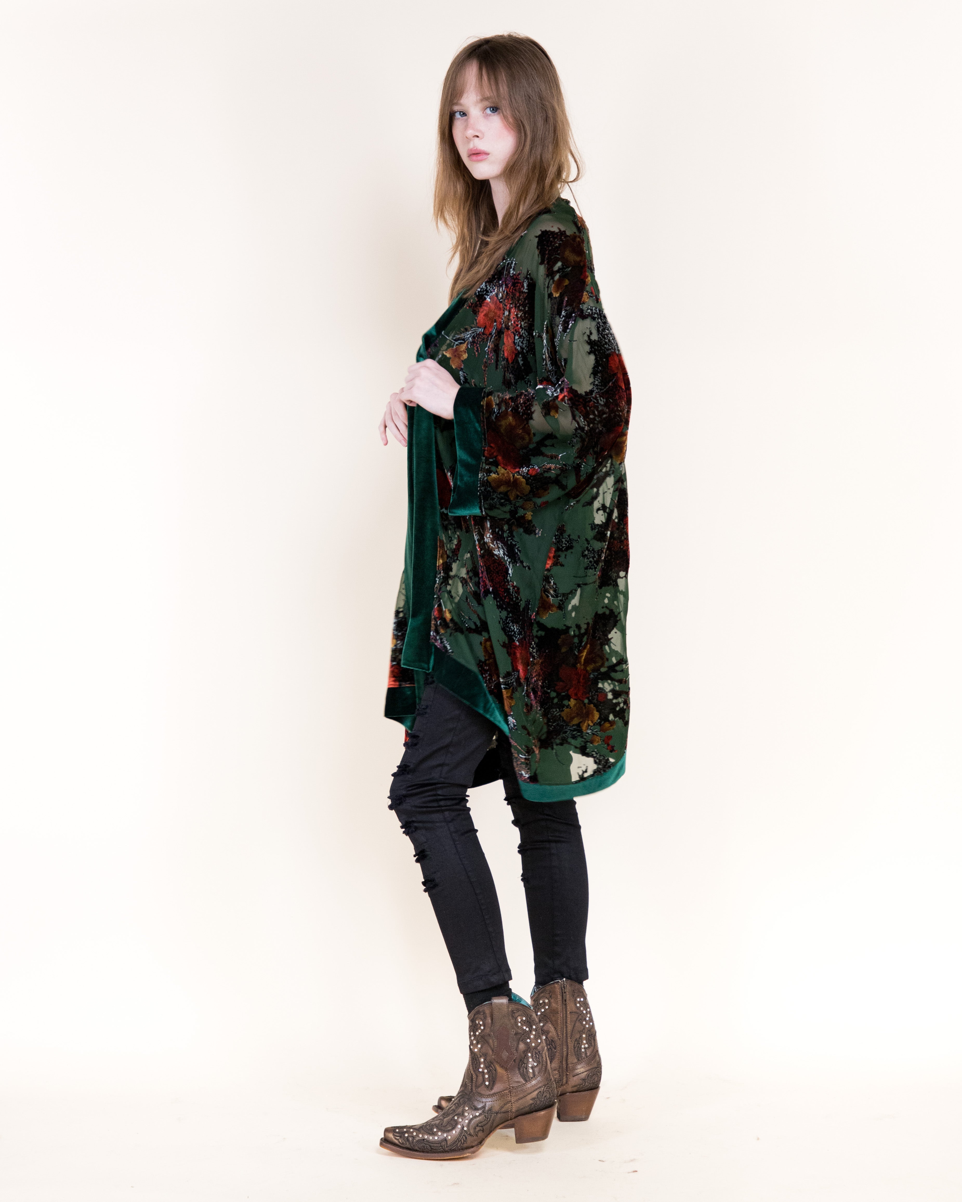 Luxe Velvet Floral Bunches Burn-Out Kimono - GREEN (OS) (Pack of 6)