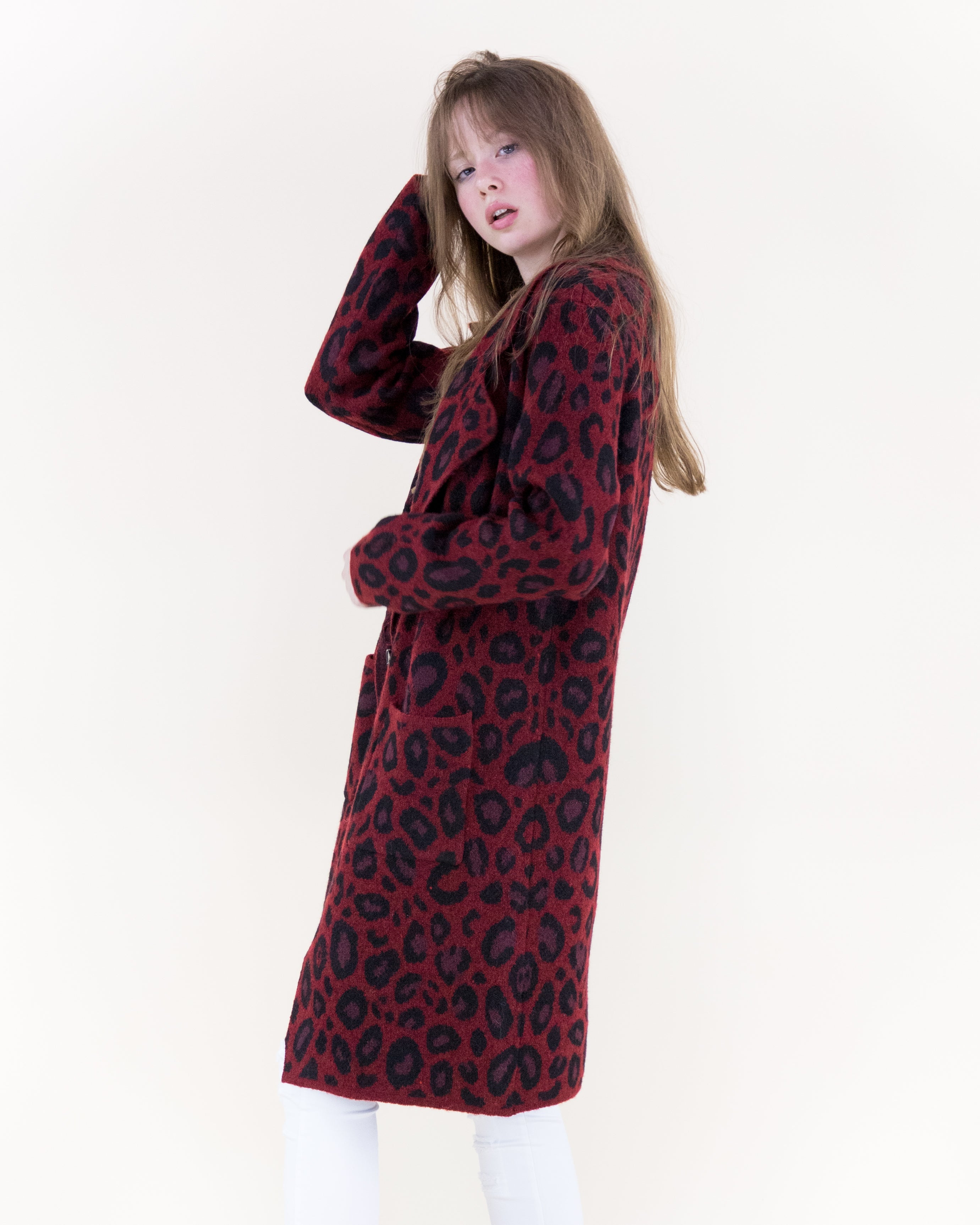 Leopard Notch Lapel Coatigan - BURGUNDY (S/M, L/XL) (Pack of 6)