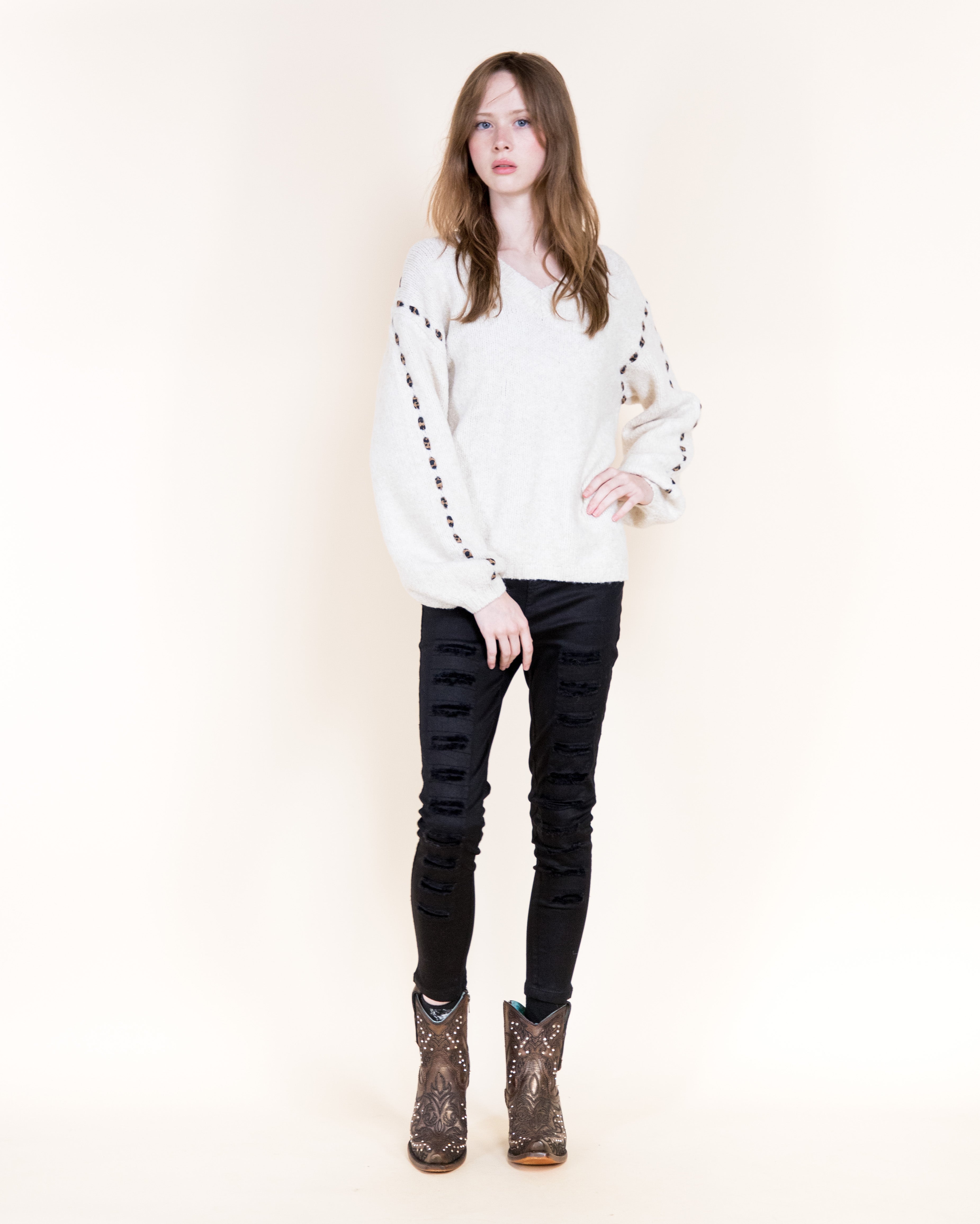 Deep V-Neck Leopard Stitch Weekend Sweater-BEIGE (S/M, L/XL) (Pack of 6)