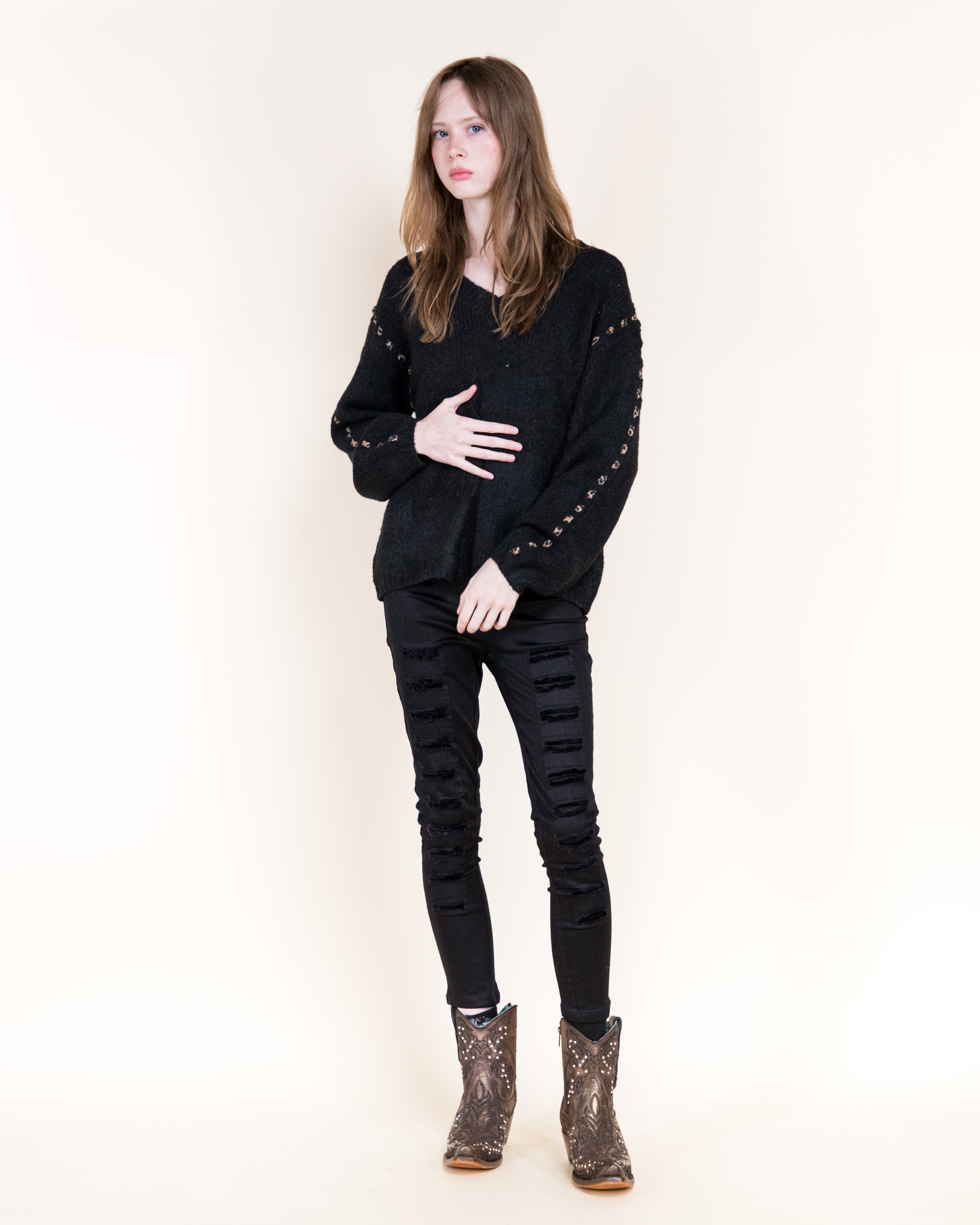 Deep V-Neck Leopard Stitch Weekend Sweater-BEIGE (S/M, L/XL) (Pack of 6)