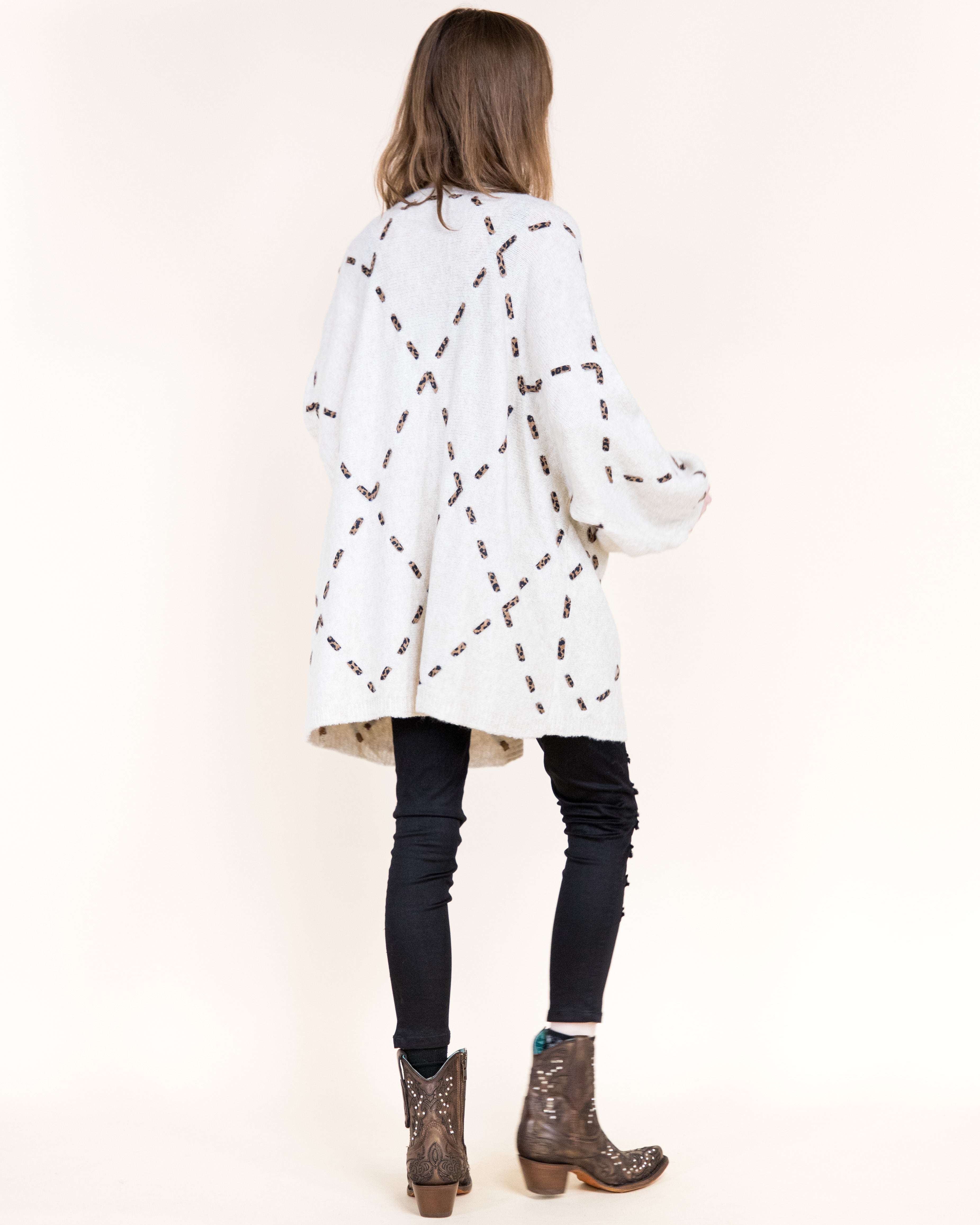 Velvety Ribbon Leopard Stitch Relaxed Cardigan-BEIGE (S/M, L/XL) (Pack of 6)