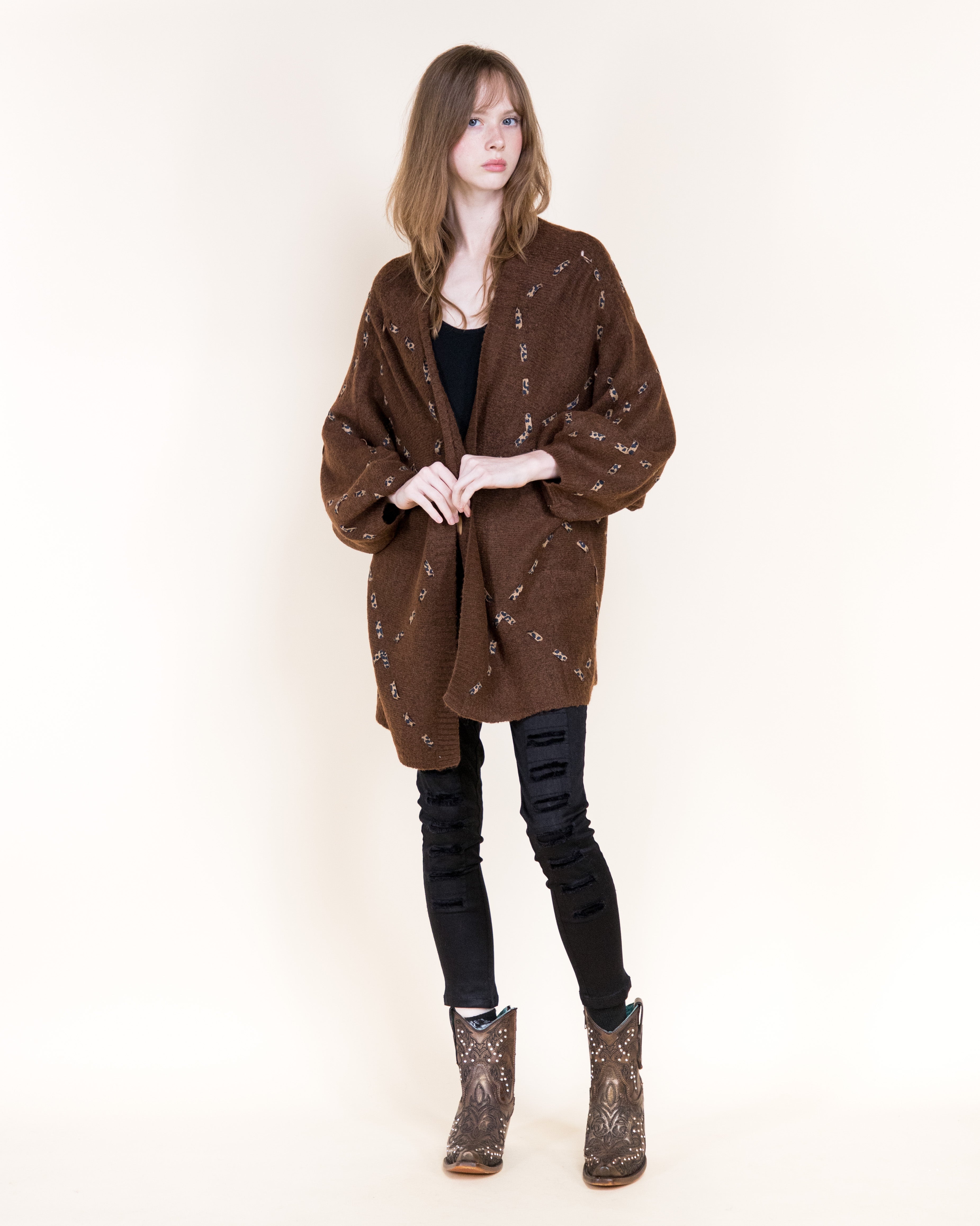 Velvety Ribbon Leopard Stitch Relaxed Cardigan-BEIGE (S/M, L/XL) (Pack of 6)