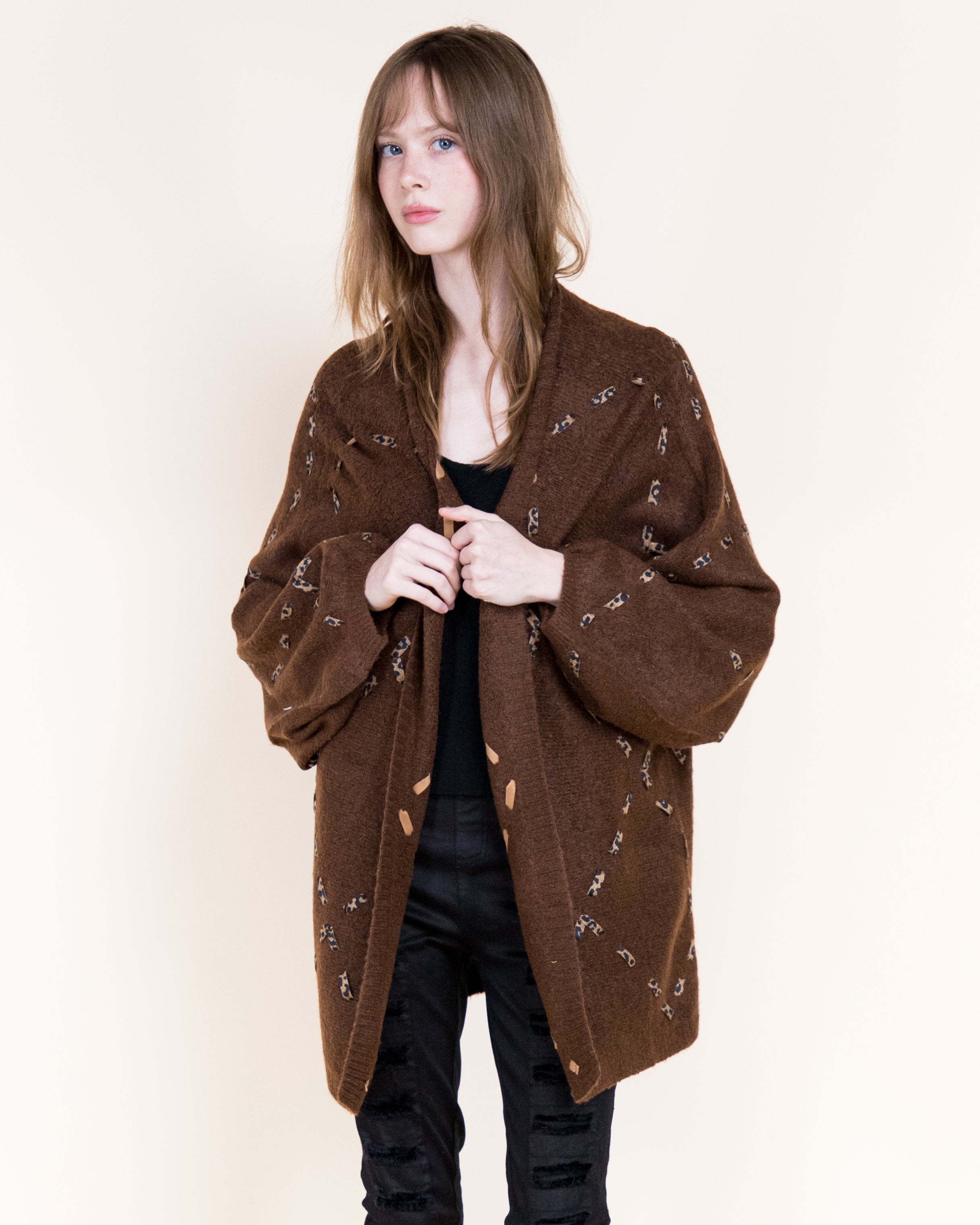 Velvety Ribbon Leopard Stitch Relaxed Cardigan-BEIGE (S/M, L/XL) (Pack of 6)