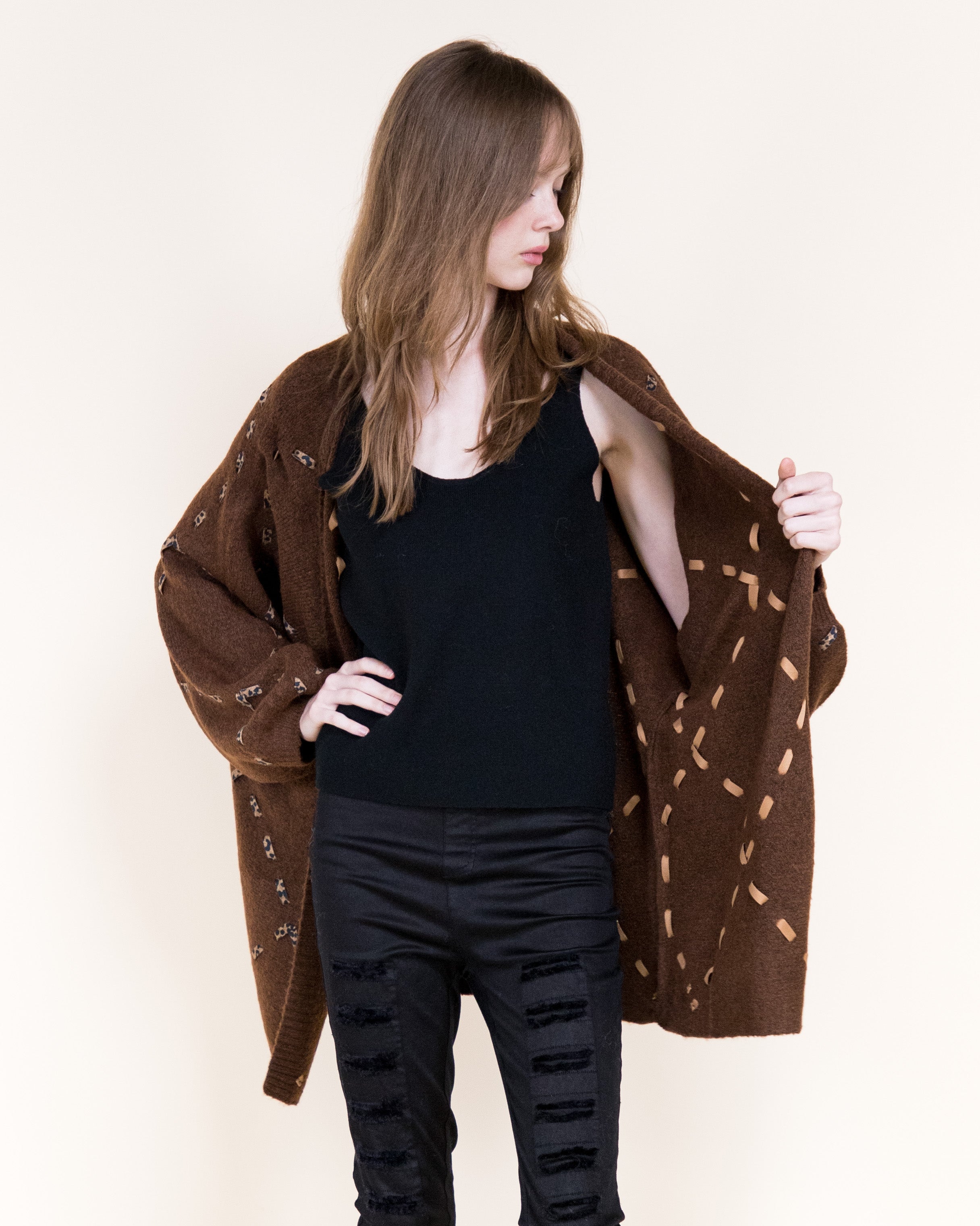 Velvety Ribbon Leopard Stitch Relaxed Cardigan-BEIGE (S/M, L/XL) (Pack of 6)